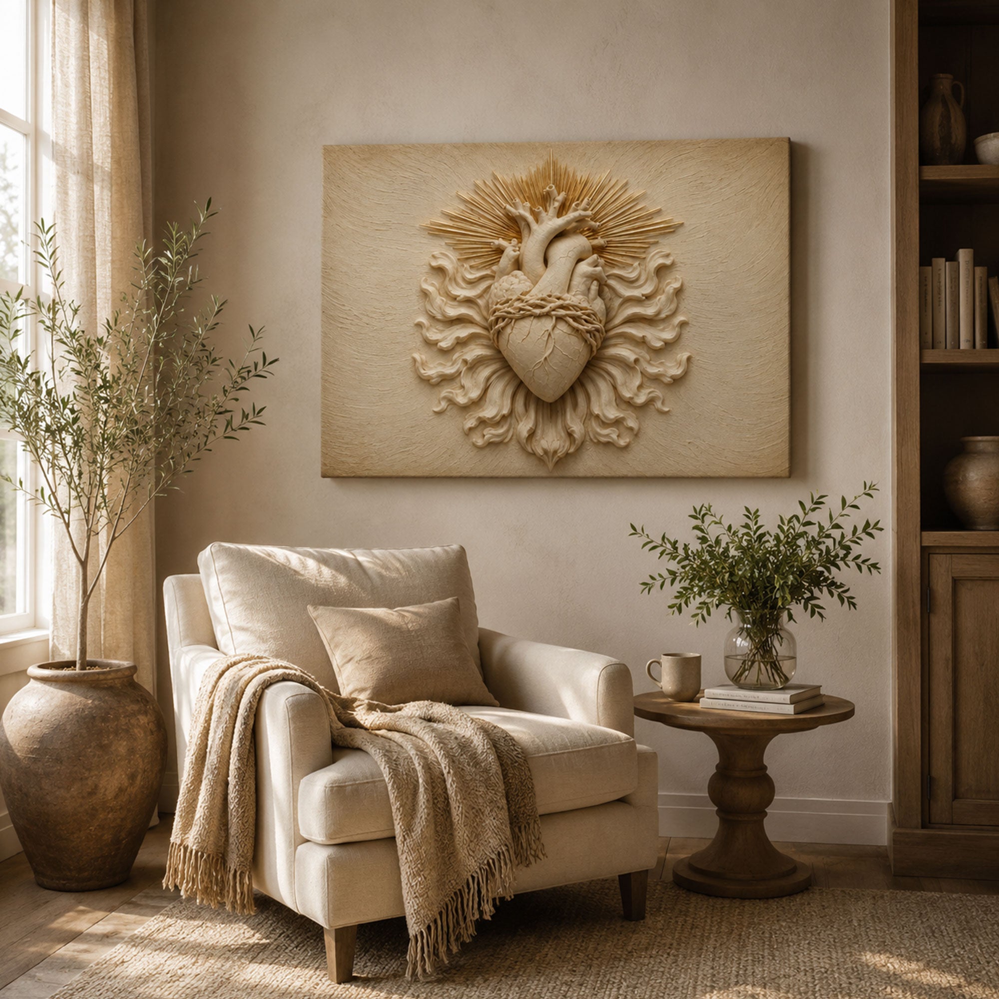 Sacred Heart of Jesus Panoramic Canvas Print, White Gold Catholic Wall Art, Faith Home Decor Gift