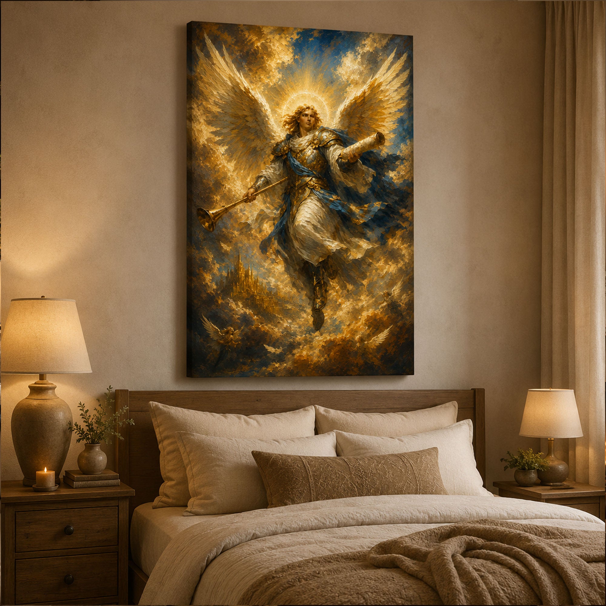 Archangel with Trumpet Canvas Print, Christian Angel Wall Art, Faith Home Decor