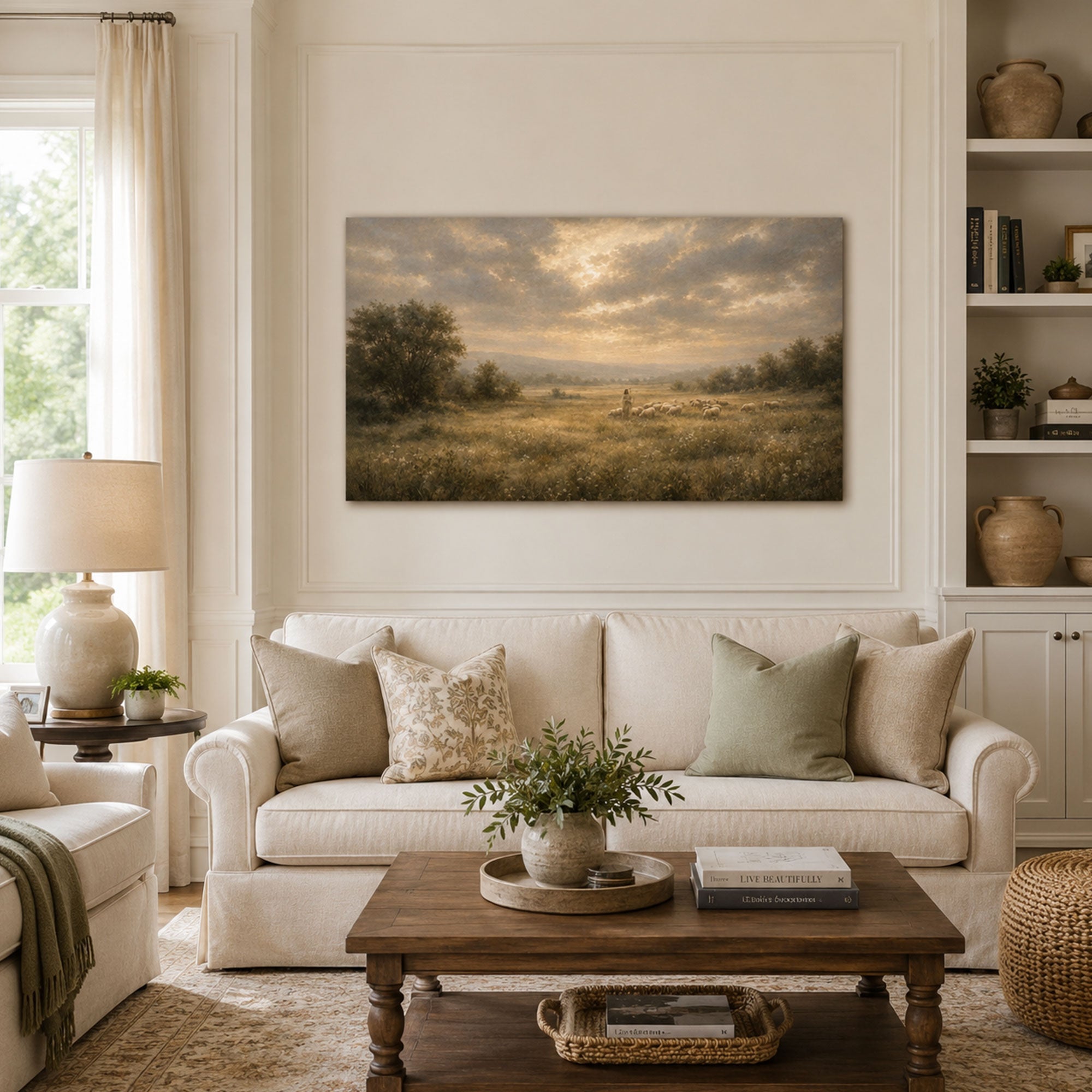 Jesus the Good Shepherd in Meadow Canvas Print, Christian Home Decor