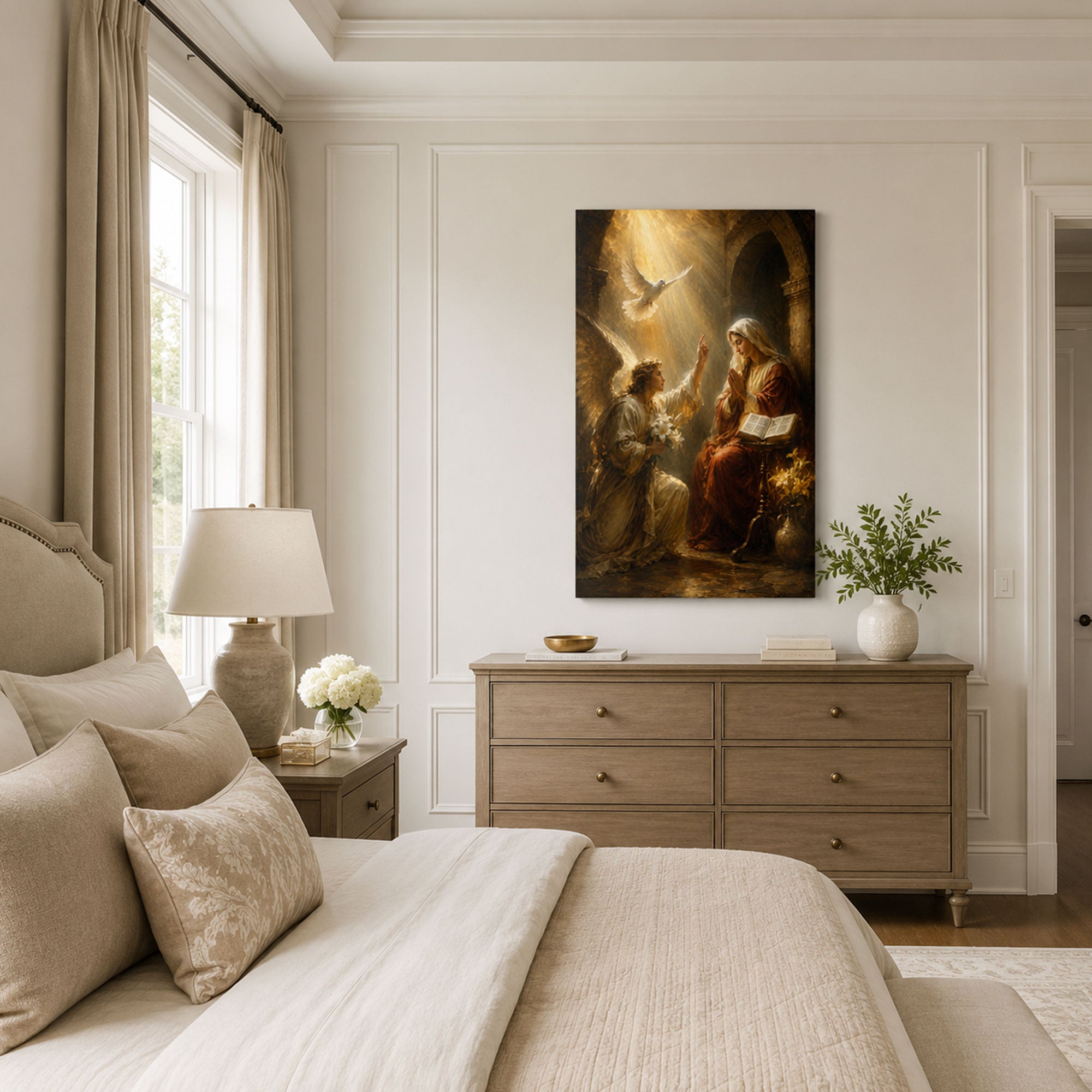 Annunciation with Open Scripture Canvas Print, Golden Catholic Art