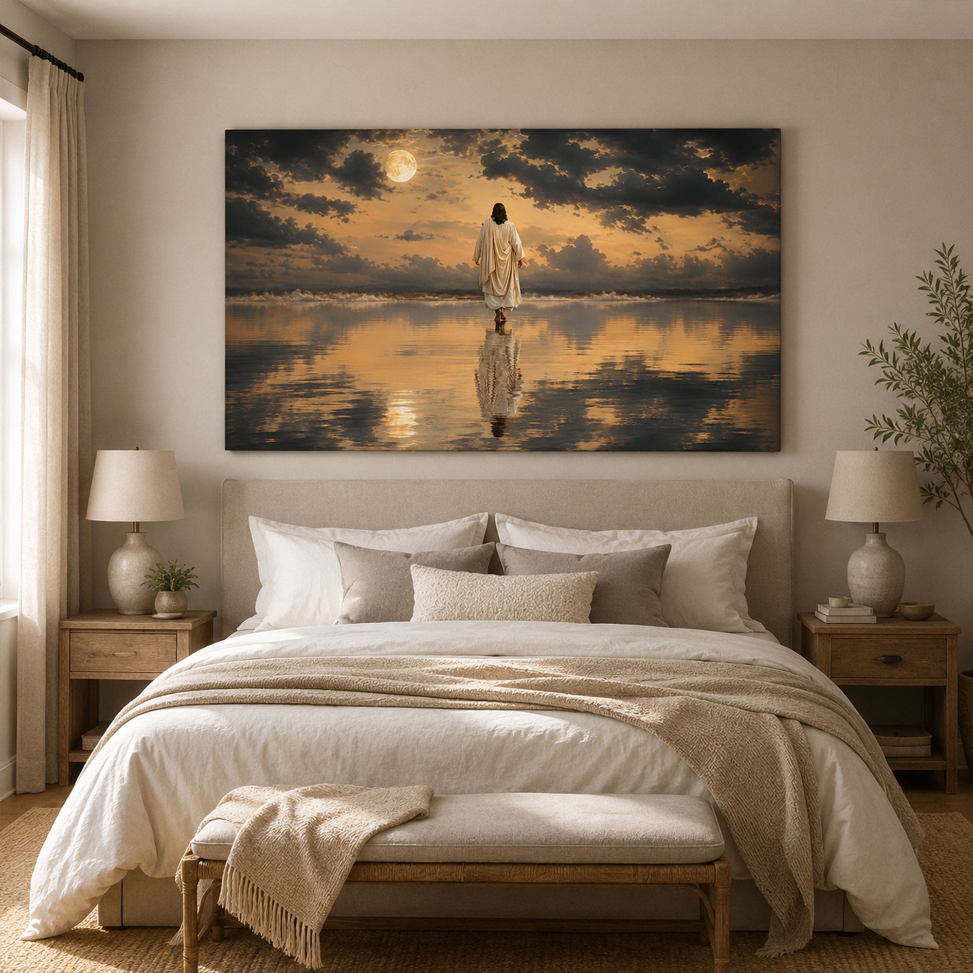 Jesus Walking on Water Panoramic Canvas Print, Christian Ocean Wall Art, Faith Home Decor Gift