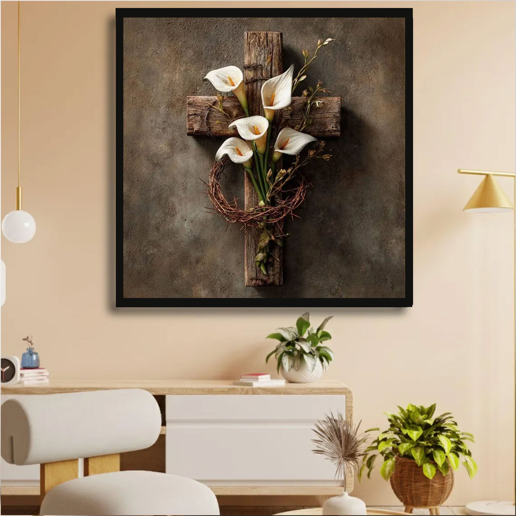 Rustic Wooden Cross Canvas Print, Calla Lily and Crown of Thorns Wall Art, Christian Floral Decor, Faith Based Home Decor, Inspirational Gift
