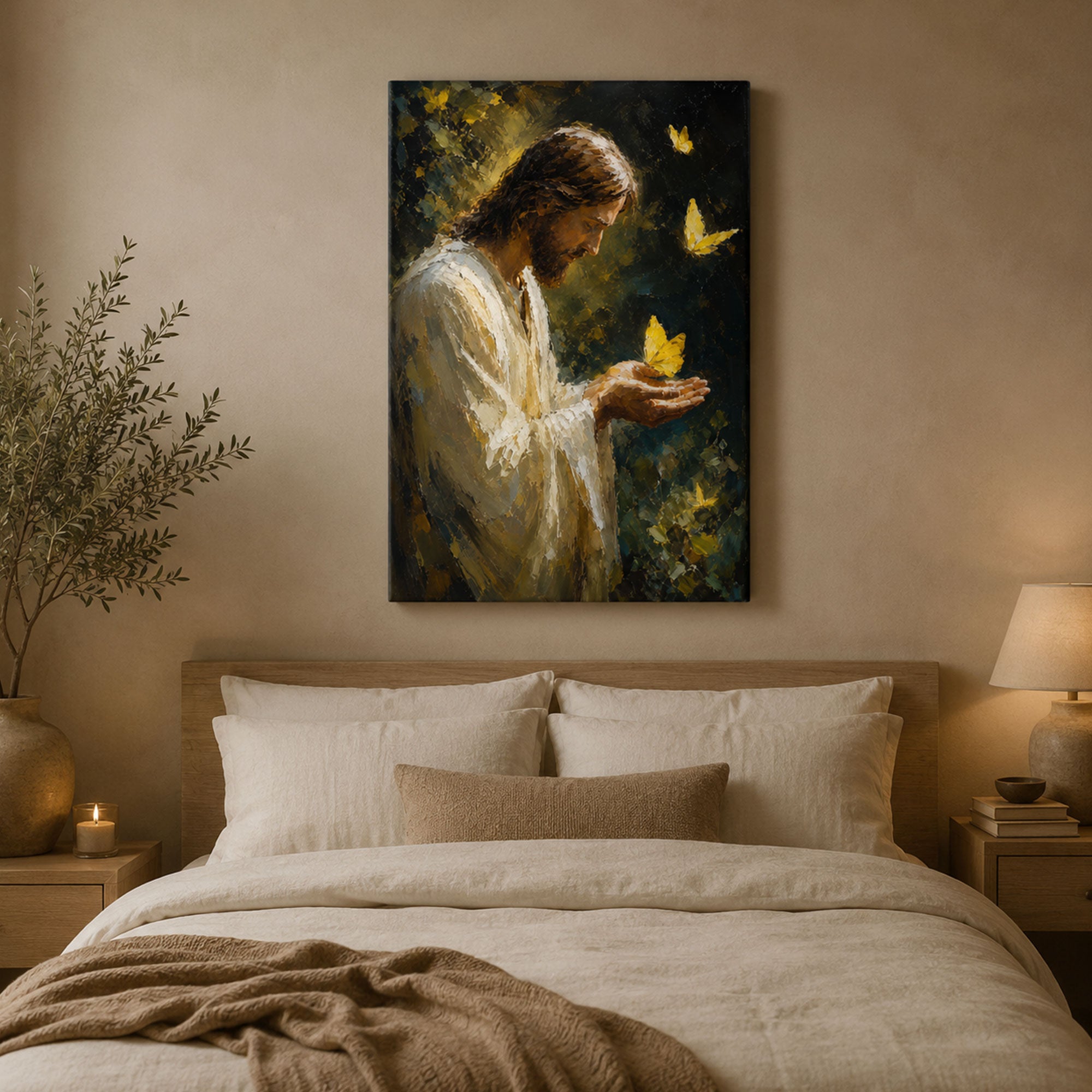 Jesus with Butterfly Canvas Print, Gentle Christian Wall Art, Hope and Peace Faith Home Decor