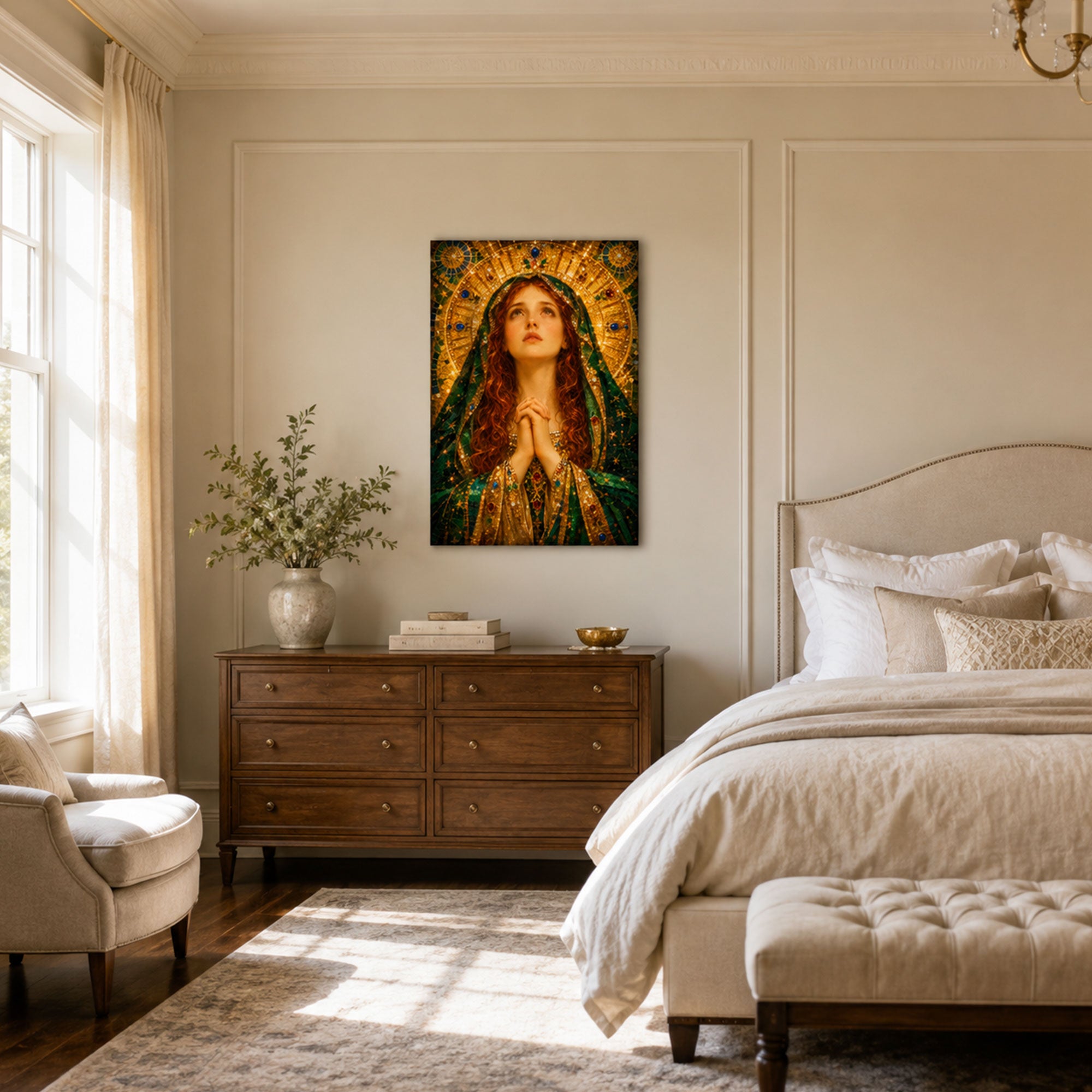 Saint Mary Magdalene Radiant Prayer Canvas Print, Emerald and Gold Sacred Decor