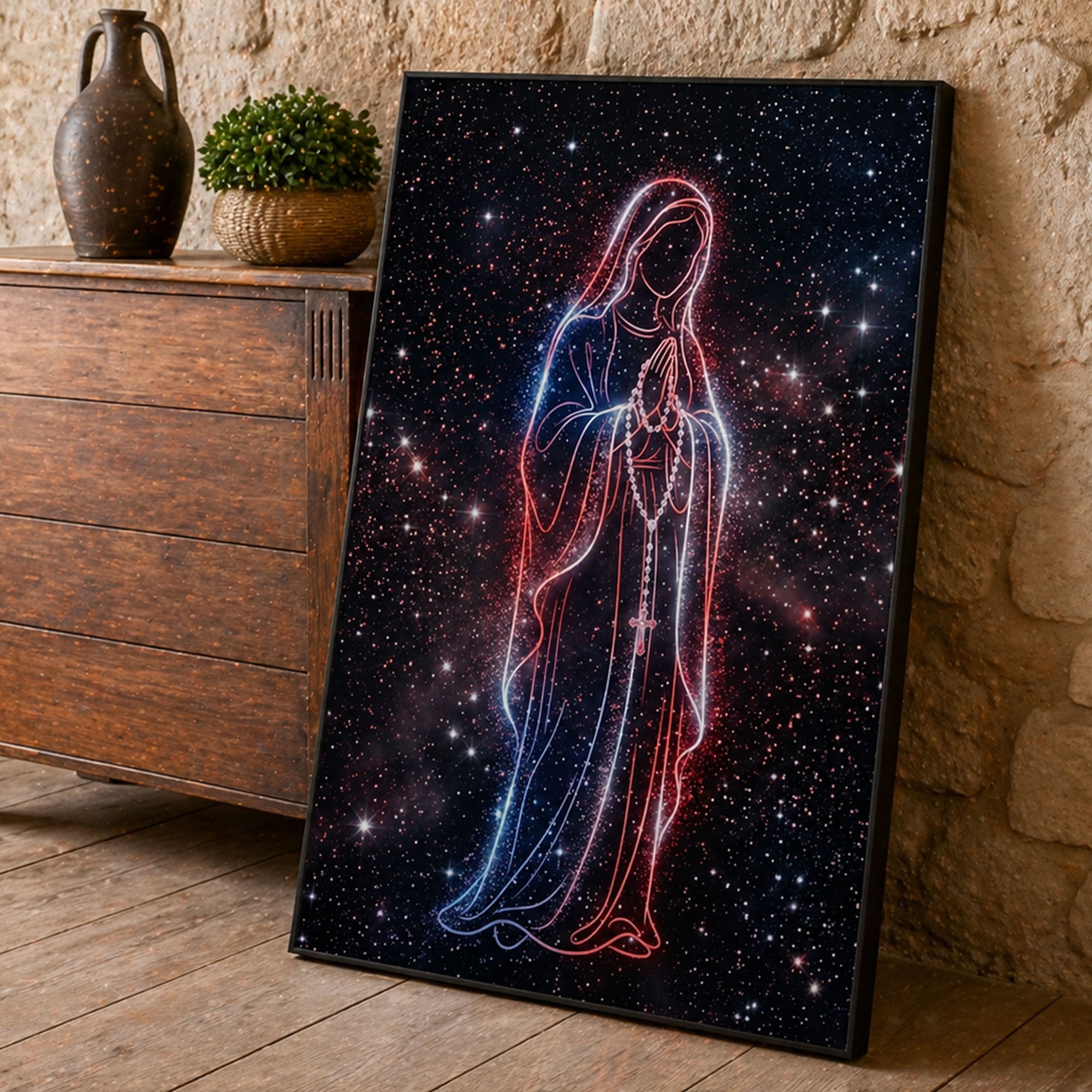 Patriotic Virgin Mary Canvas Print, Red White Blue Madonna Wall Art, American Faith Decor, Modern Christian Artwork