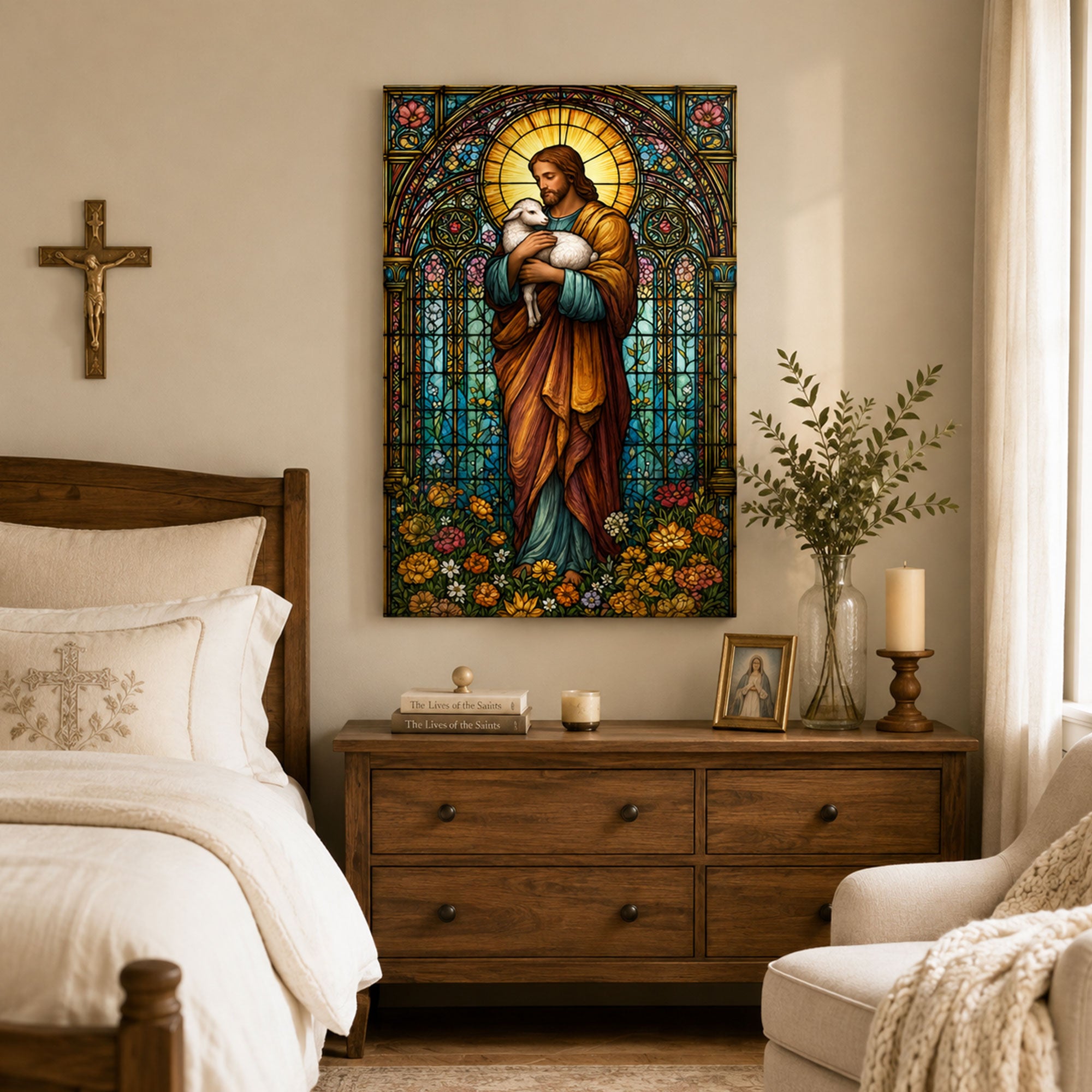 Jesus the Good Shepherd Stained Glass Canvas Print, Christian Home Decor