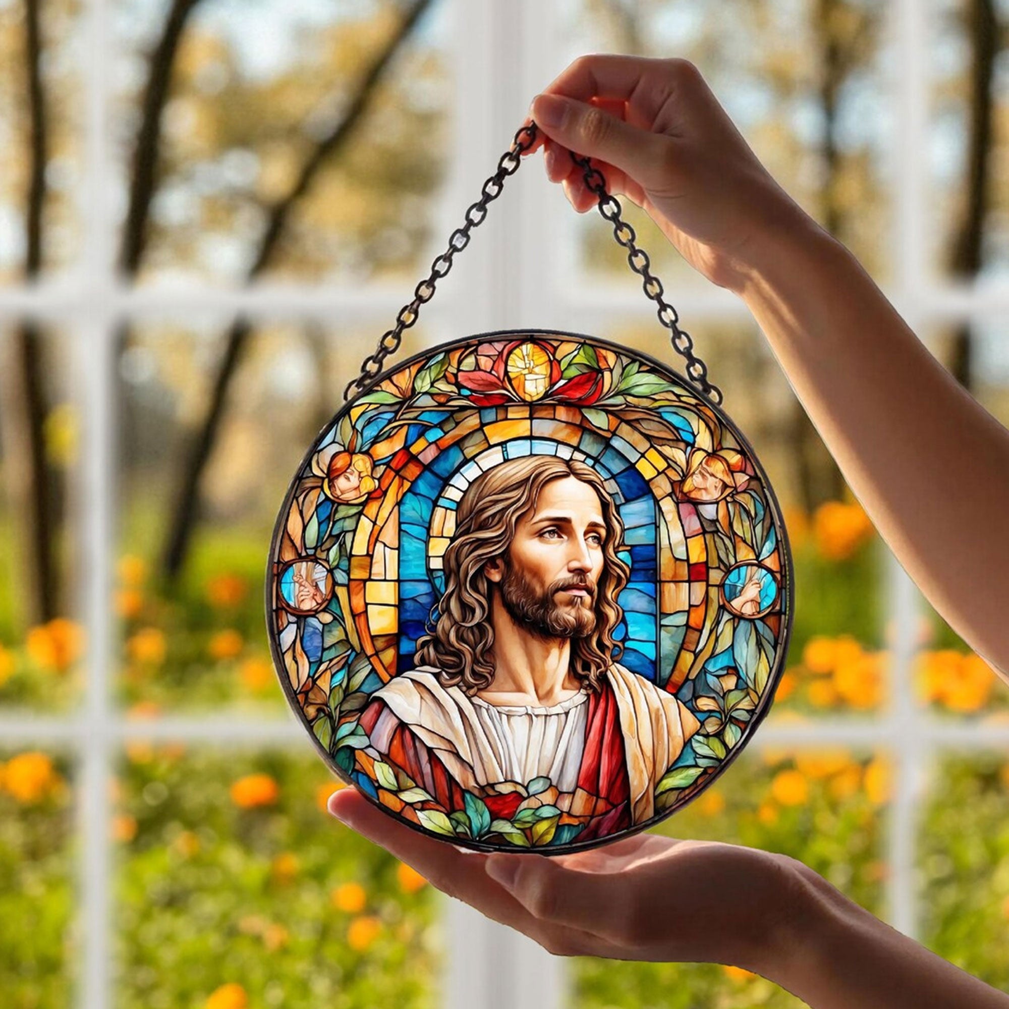 Jesus Christ Suncatcher, Christian Stained Glass Window Hanging, Religious Home Decor Gift