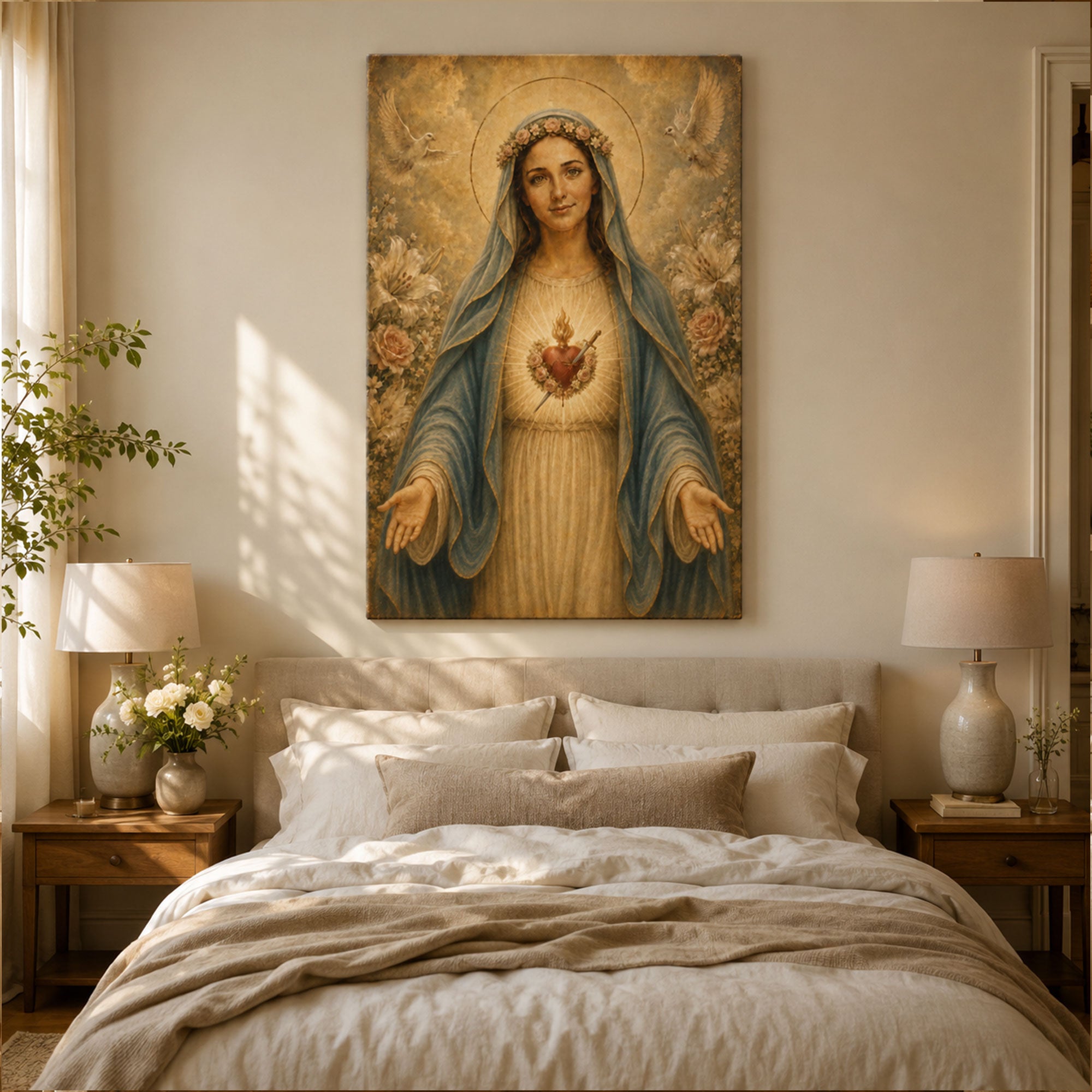Immaculate Heart of Mary Canvas Print, Blessed Virgin Mary Catholic Wall Art, Floral Religious Home Decor Gift