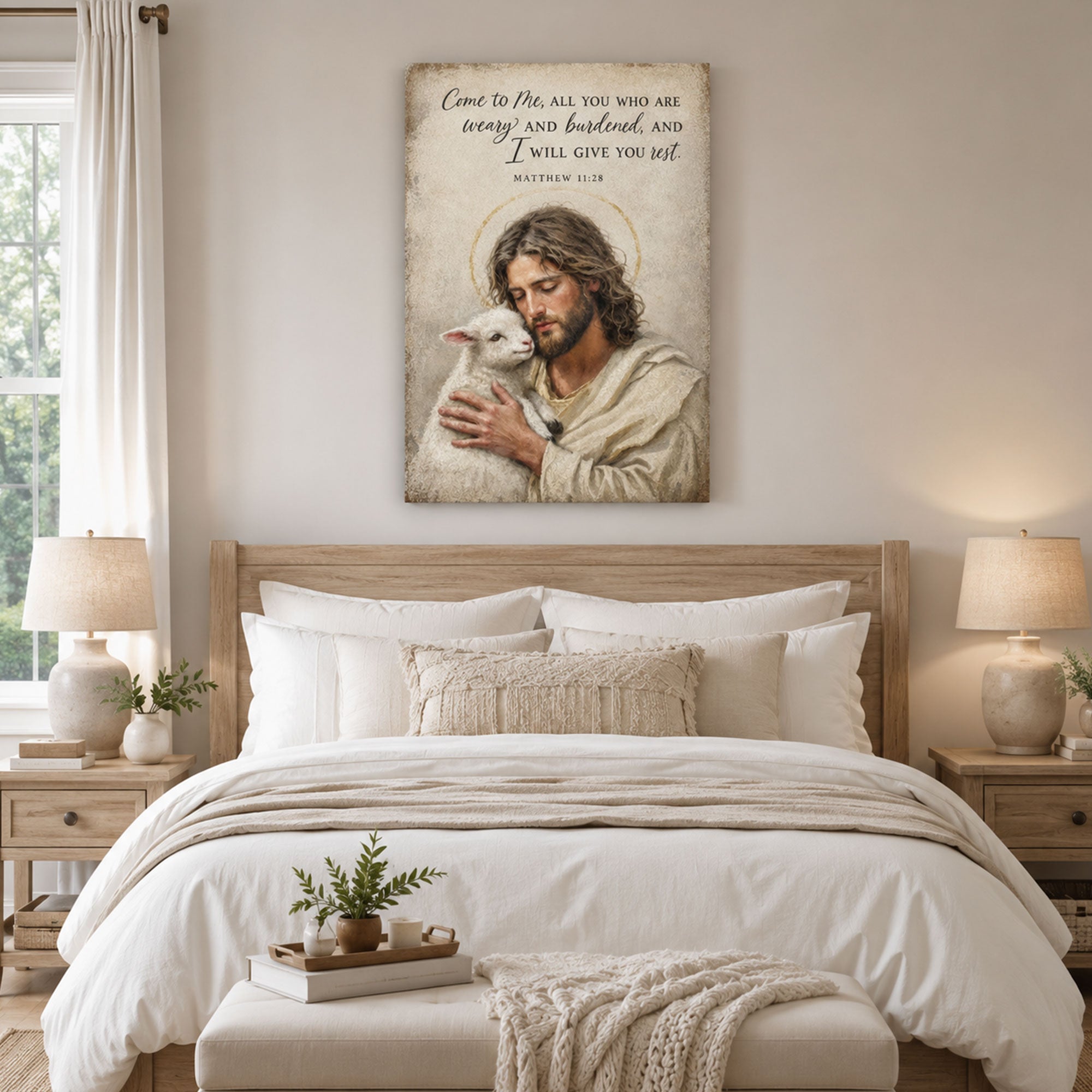 Matthew 11:28 Jesus and Lamb Canvas Print, Christian Home Decor