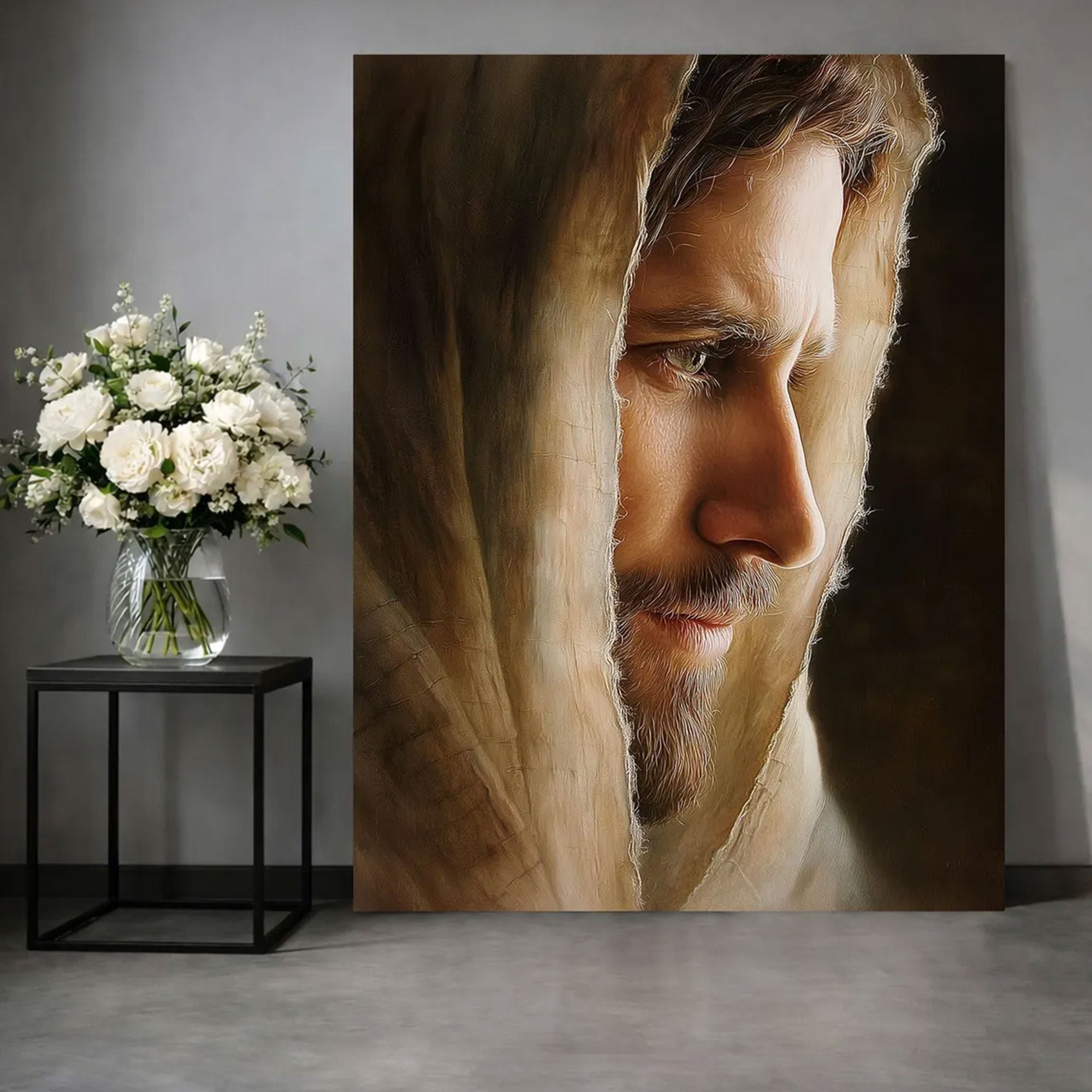 Jesus Christ Face Portrait Canvas Wall Art, Warm Light Christian Decor, Sacred Religious Artwork, Inspirational Faith Home Decor, Spiritual Gift