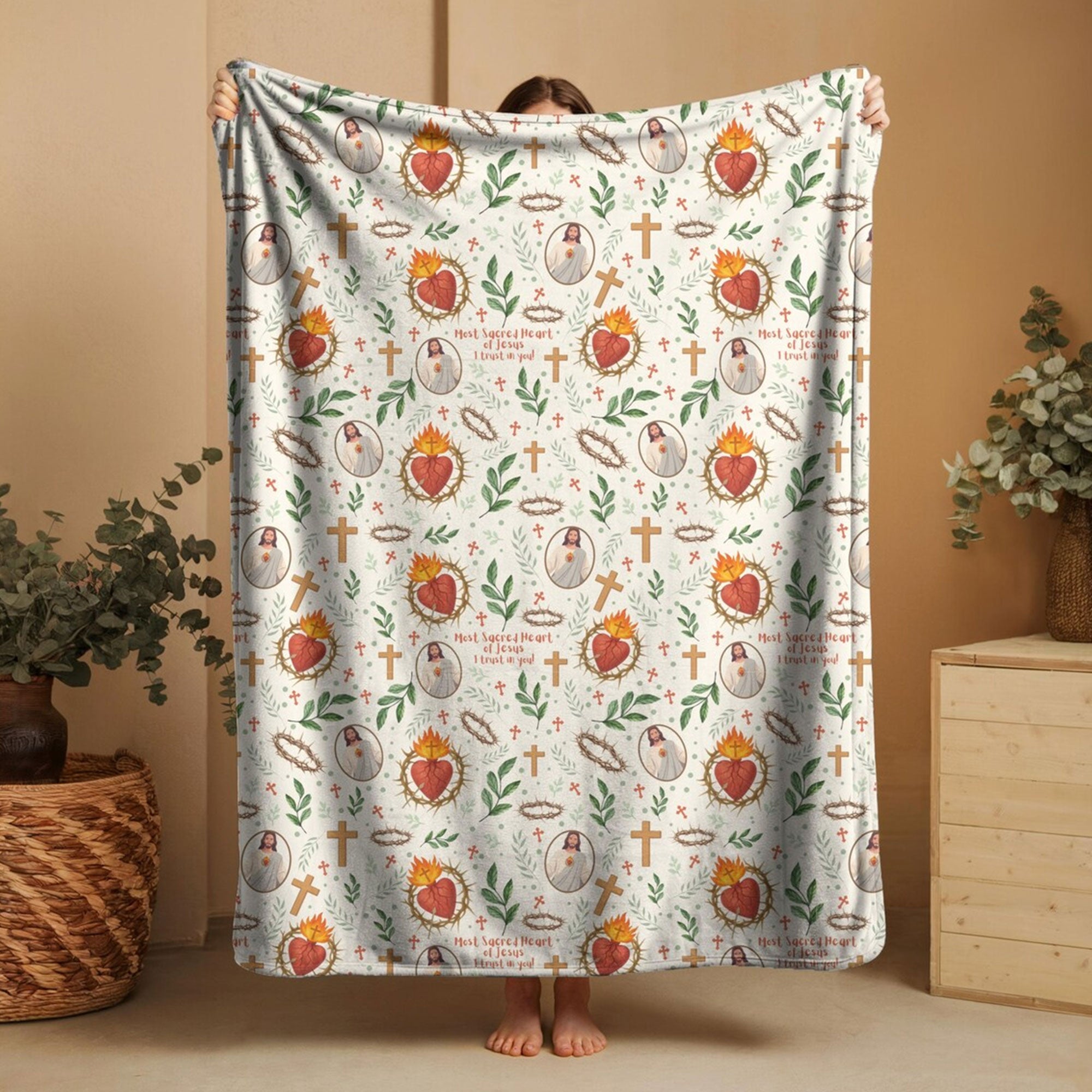 Sacred Heart of Jesus Fleece Blanket, Catholic Faith Throw, Jesus I Trust in You Gift