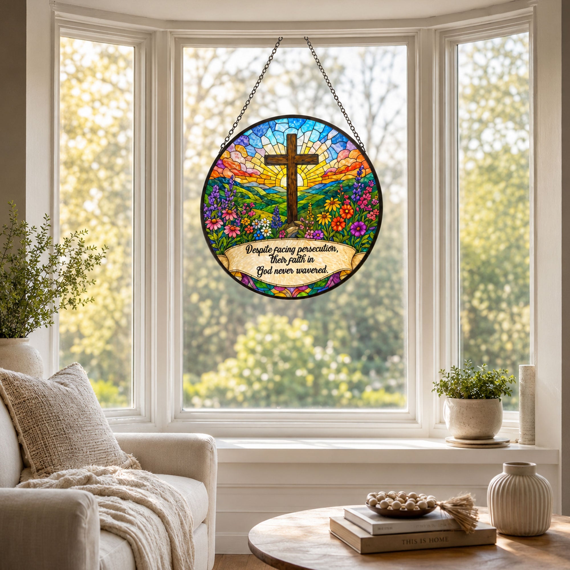 Christian Cross Suncatcher, Unwavering Faith Inspirational Quote, Floral Window Hanging