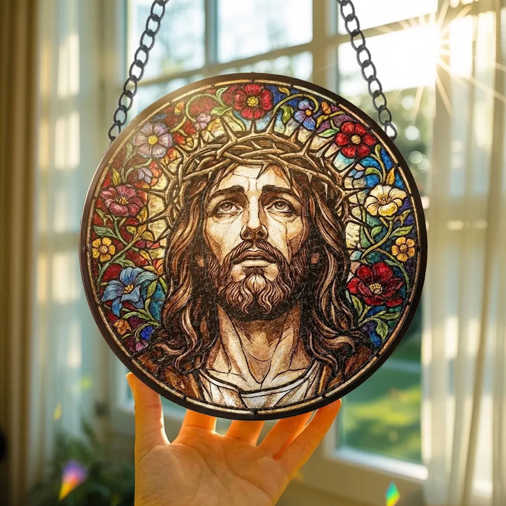 Jesus Stained Glass Suncatcher, Christian Window Hanging Decor, Religious Faith Gift, Spiritual Home Ornament