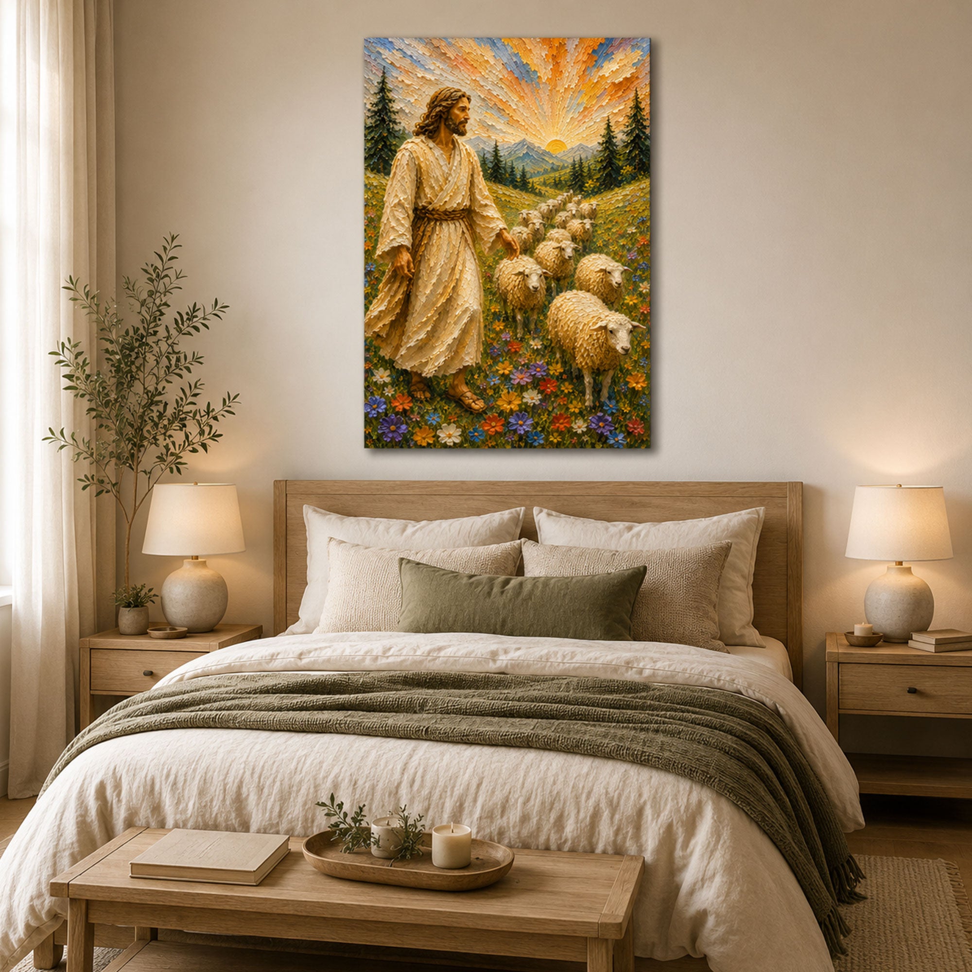 Good Shepherd Canvas Print, Jesus with Sheep Christian Wall Art, Faith Home Decor Gift