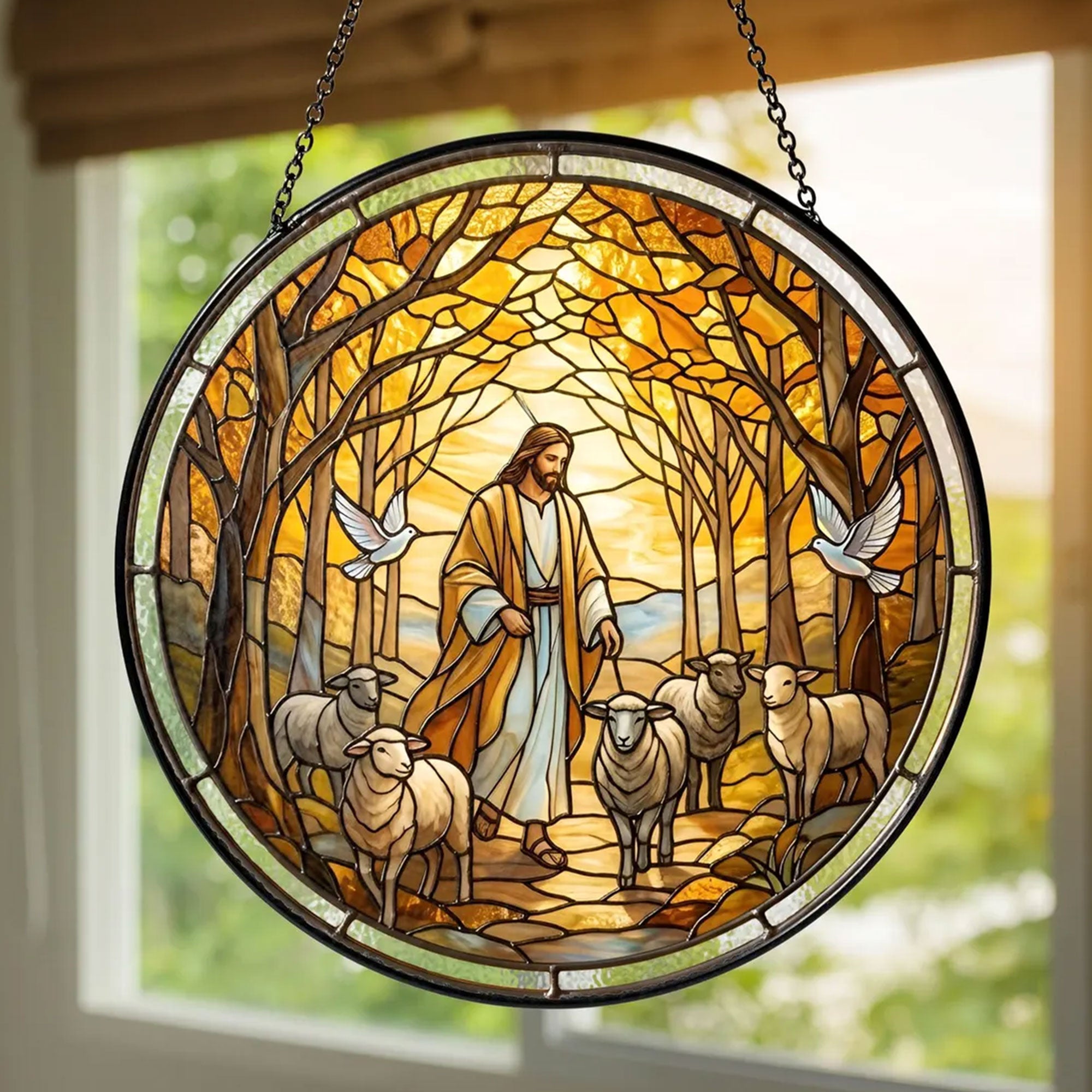 Jesus Good Shepherd Stained Glass Suncatcher, Christian Window Hanging Decor, Religious Faith Gift, Christ Wall Art