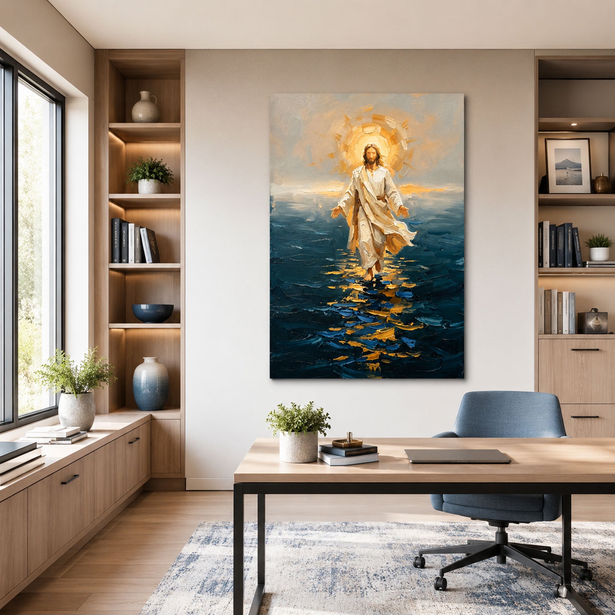 Jesus Walking on Water Canvas Wall Art, Modern Impasto Christian Faith Print, Blue Religious Home Decor, Made to Order Gift