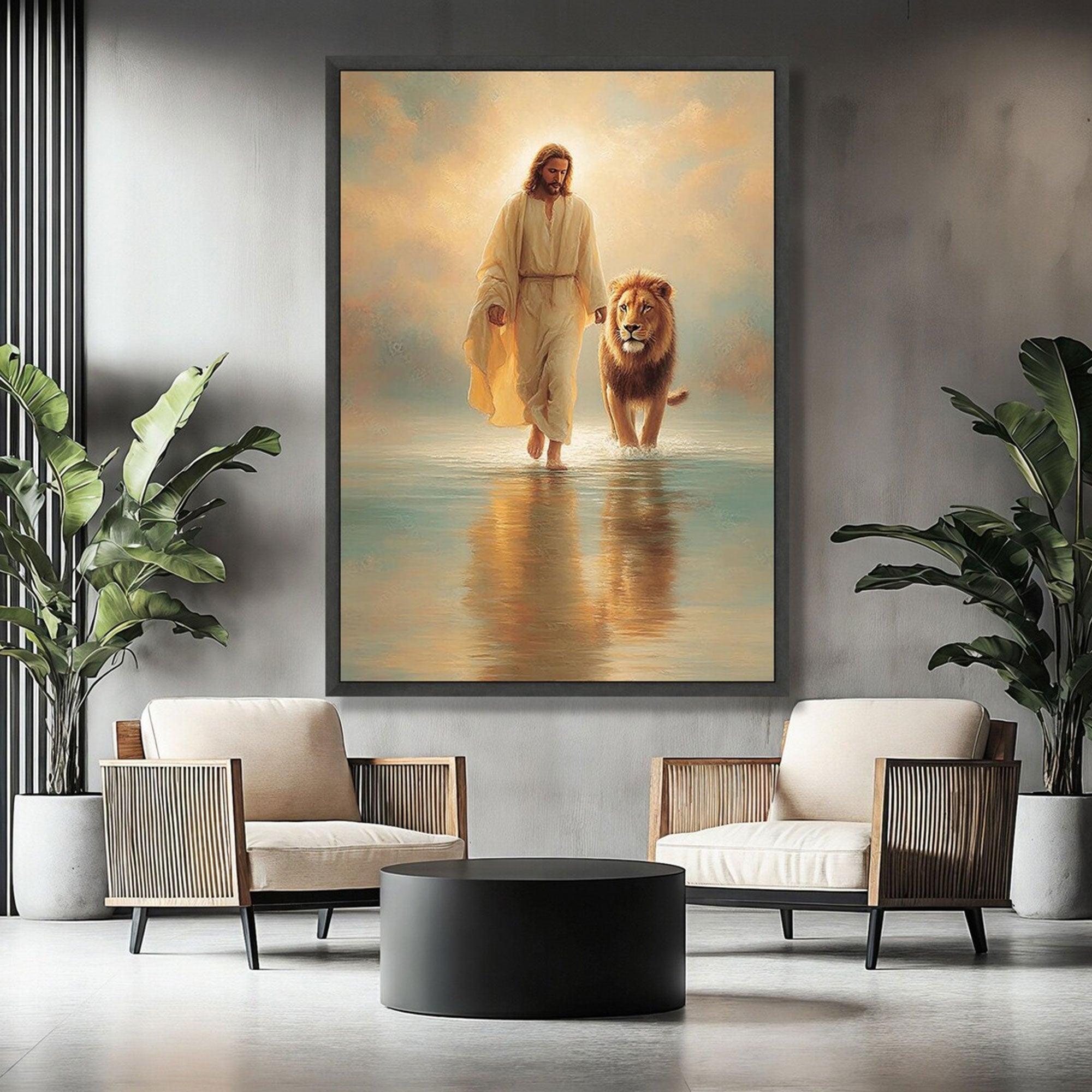 Jesus Walking with Lion Canvas Print, Christian Faith and Strength Wall Art, Peaceful Spiritual Home Decor