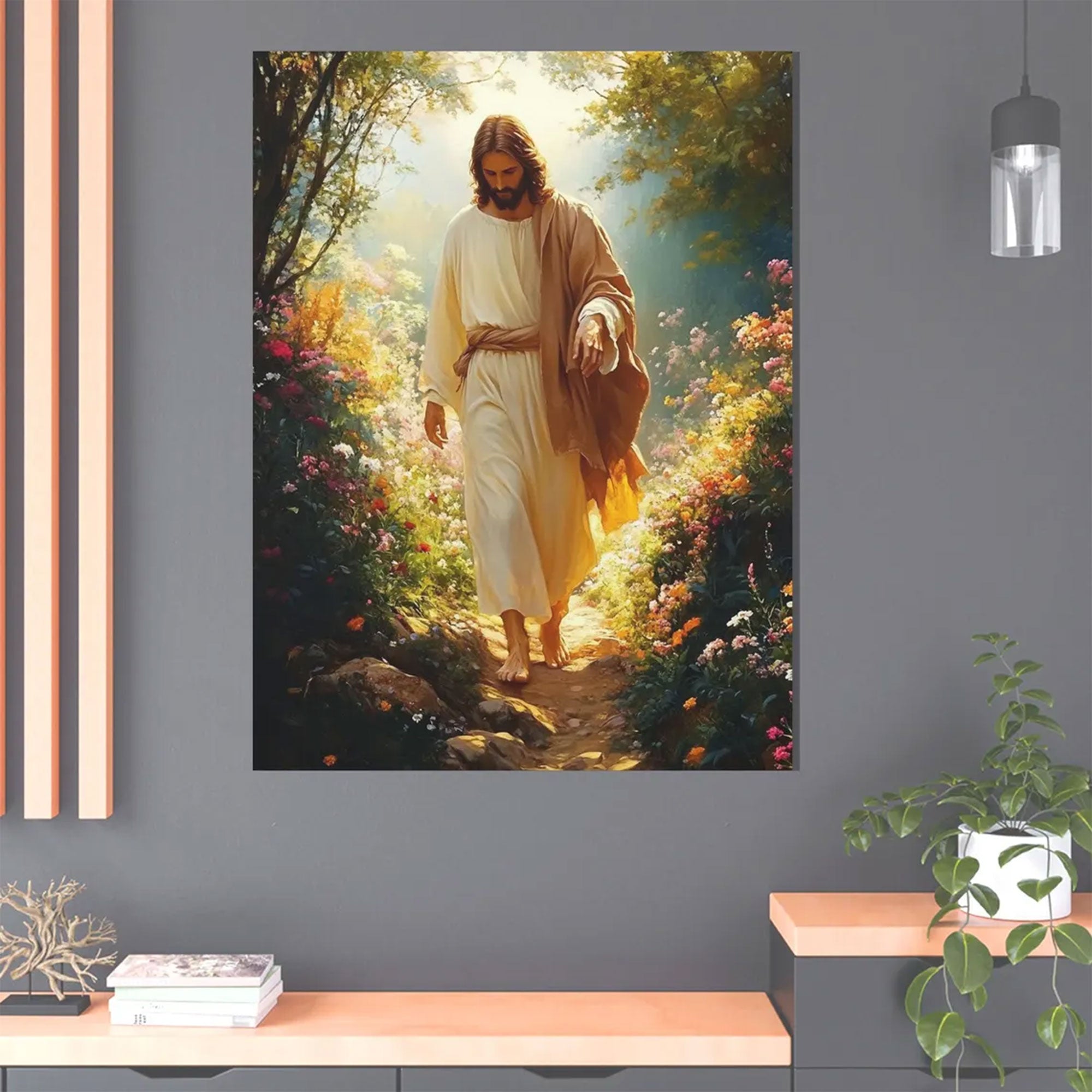 Jesus Walking in Garden Canvas Print, Christian Wall Art, Religious Home Decor
