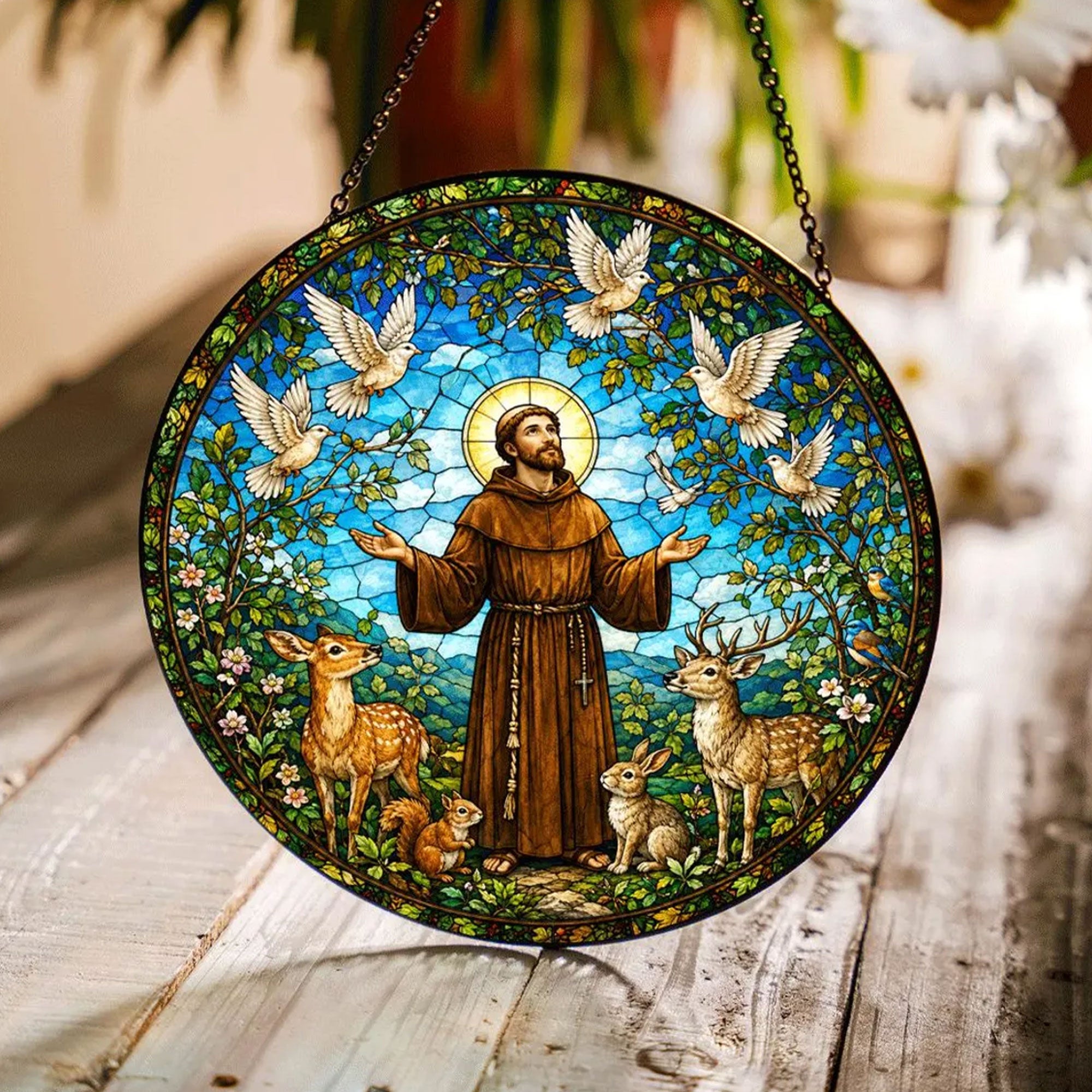 Saint Francis of Assisi Stained Glass Suncatcher, Patron Saint of Animals Catholic Window Hanging, Christian Faith Decor Gift