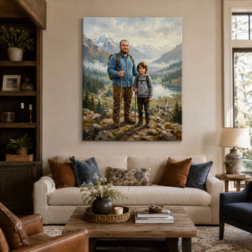 Custom Mountain Explorer Family Canvas, Personalized Father and Son Adventure Wall Art, Father’s Day Gift