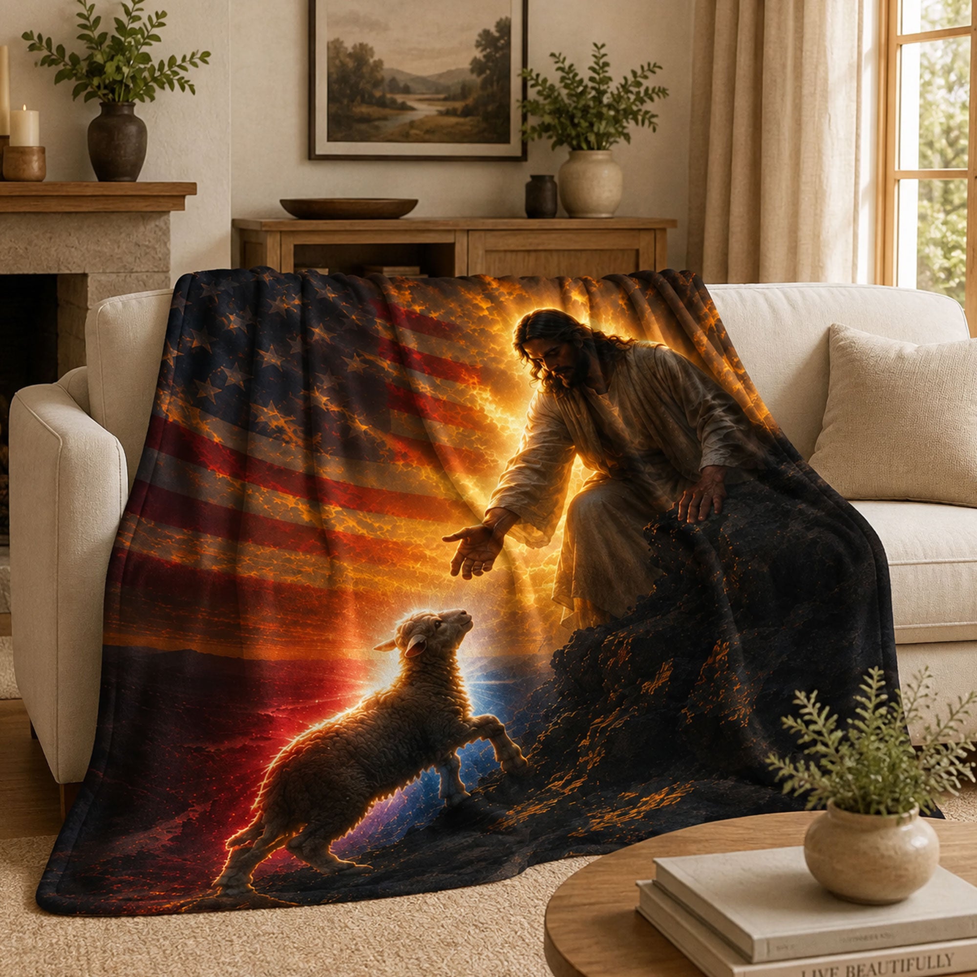 Jesus Good Shepherd Fleece Blanket, American Flag Christian Throw, Faith Gift for Believers