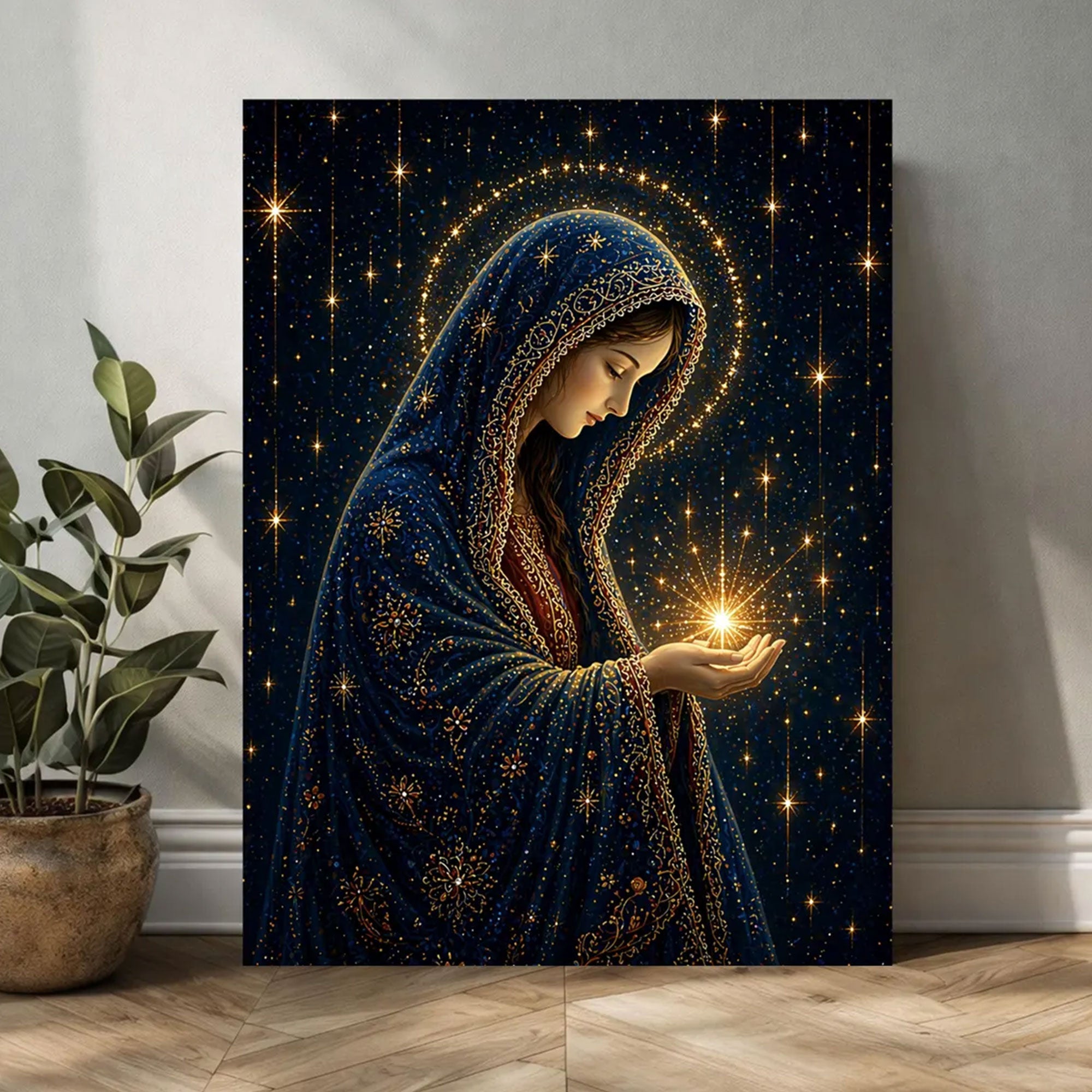 Virgin Mary Starry Night Canvas Print, Blessed Mother Under the Stars, Catholic Faith Decor, Serene Spiritual Artwork, Inspirational Gift