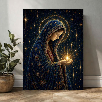 Virgin Mary Starry Night Canvas Print, Blessed Mother Under the Stars, Catholic Faith Decor, Serene Spiritual Artwork, Inspirational Gift