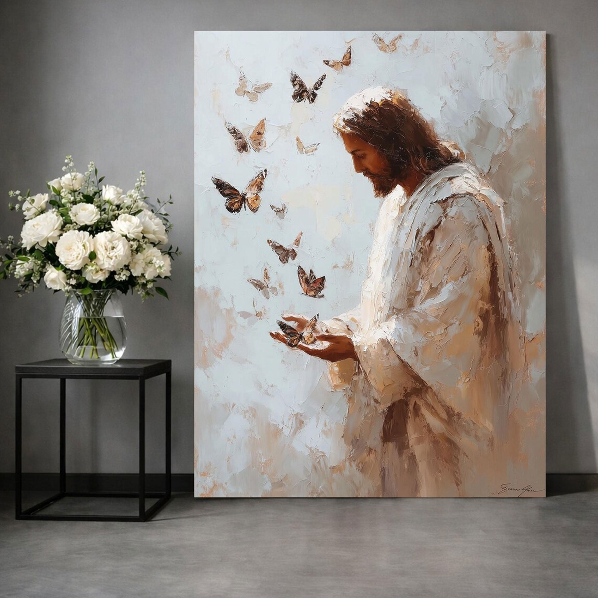 Jesus with Butterflies Canvas Print, Christian Inspirational Wall Art, Peaceful Faith Home Decor