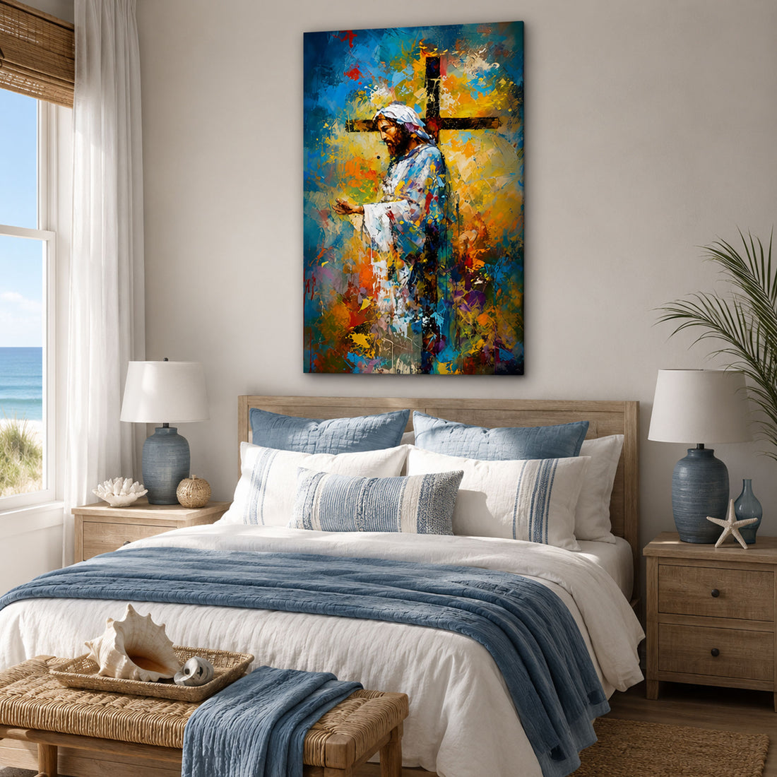 Abstract Jesus Portrait Canvas Wall Art, Modern Christian Living Room Decor, Colorful Faith Artwork