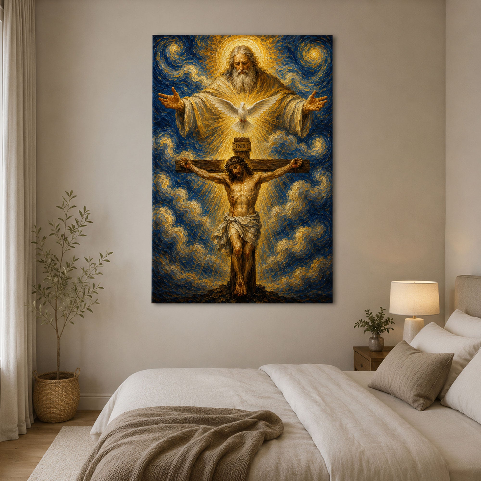 Holy Trinity Crucifixion Canvas Print, God the Father Jesus Cross Holy Spirit Catholic Wall Art