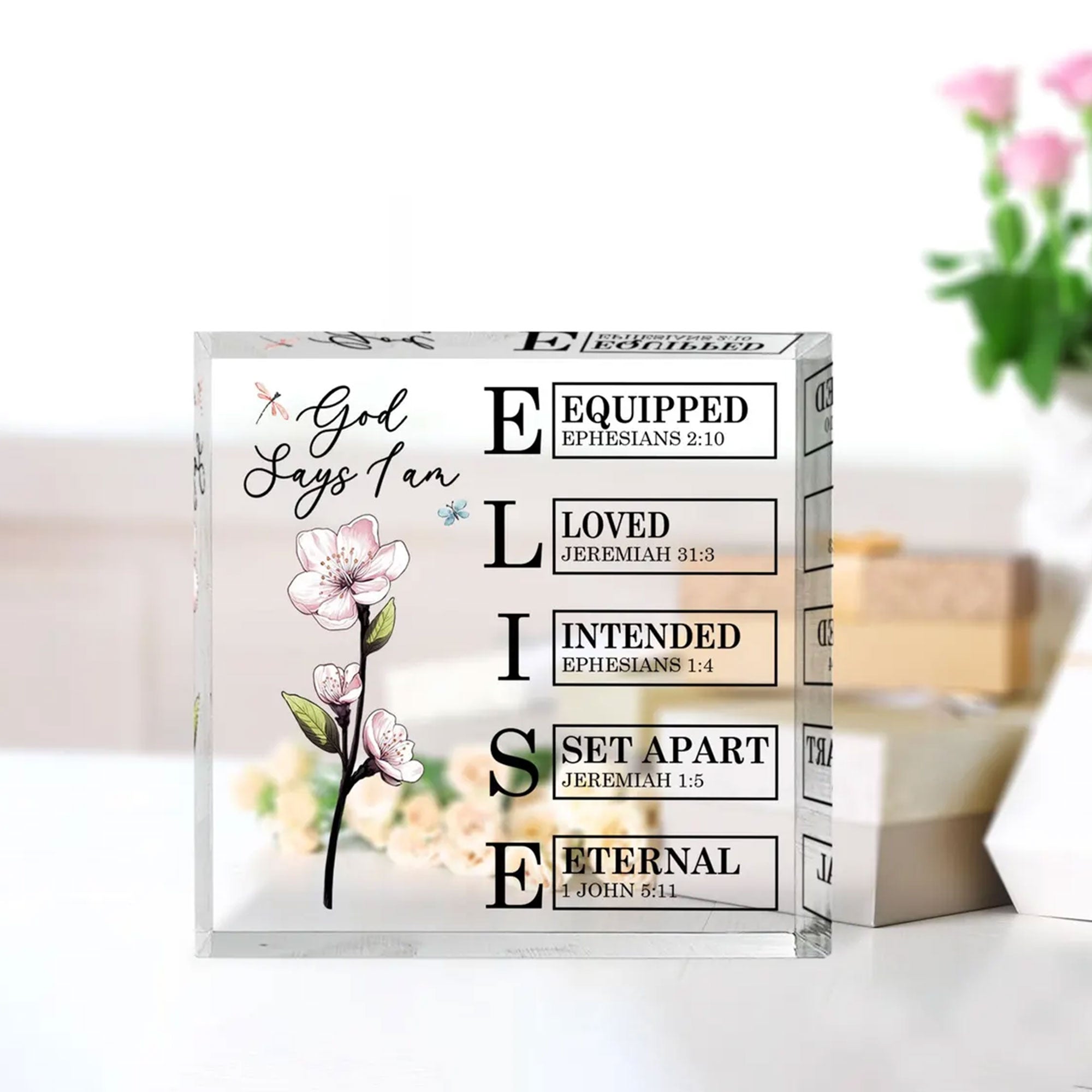 Personalized Sarah Christian Acrylic Block, God Says I Am Scripture Gift, 2D Flat Faith Table Decor