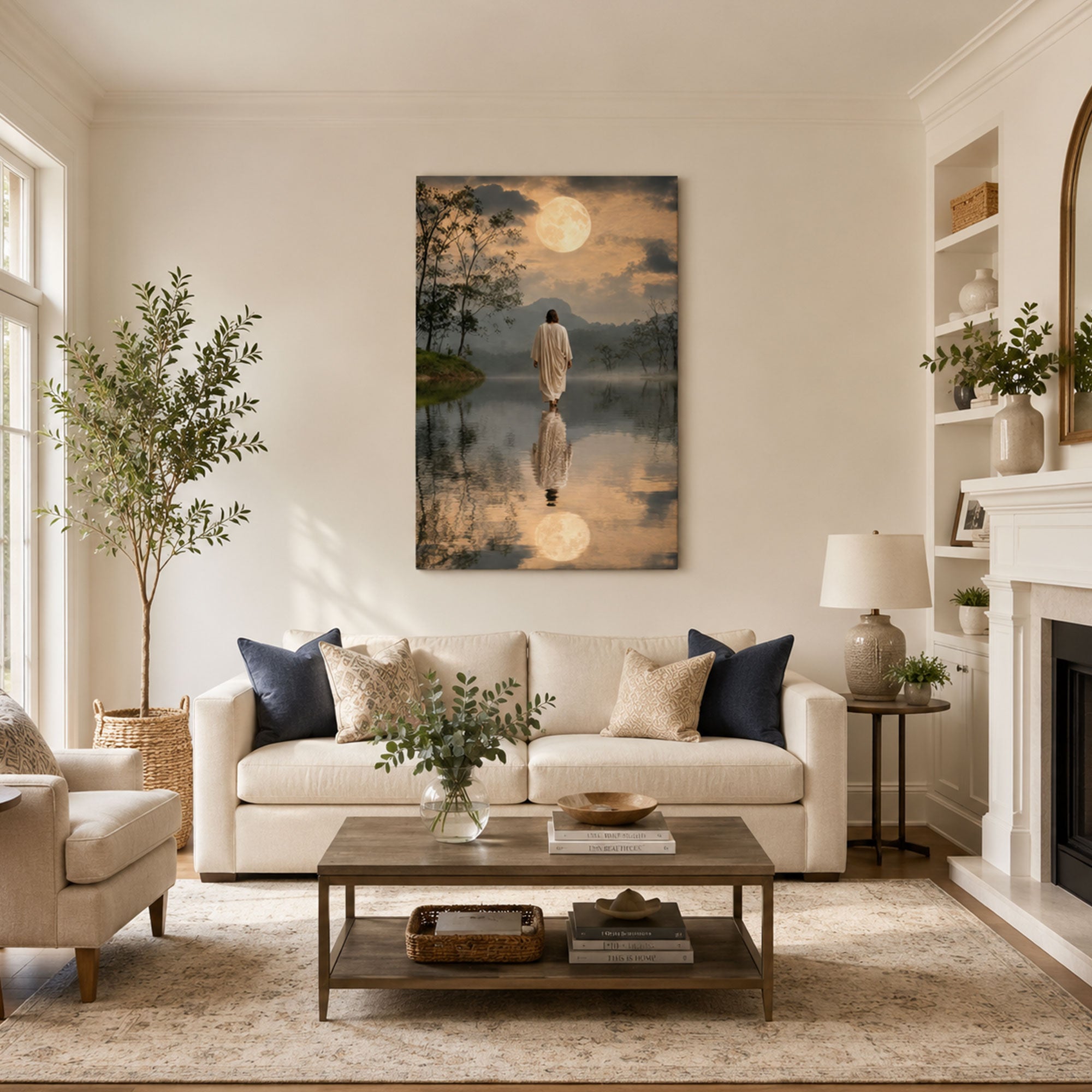 Jesus Walking on Water Under the Moon Canvas Print, Peaceful Christian Faith Decor