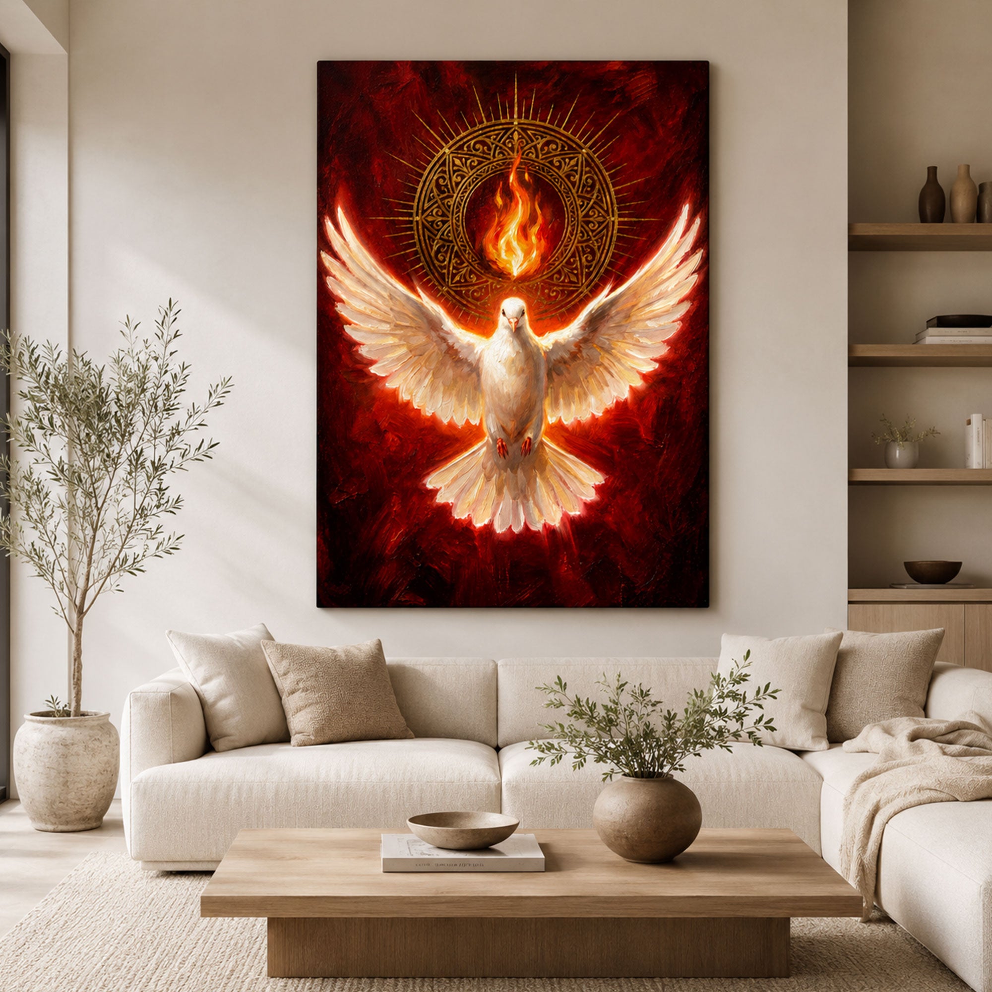 Holy Spirit Dove Wall Art, Red and Gold Pentecost Fire Canvas Print, Christian Catholic Home Decor
