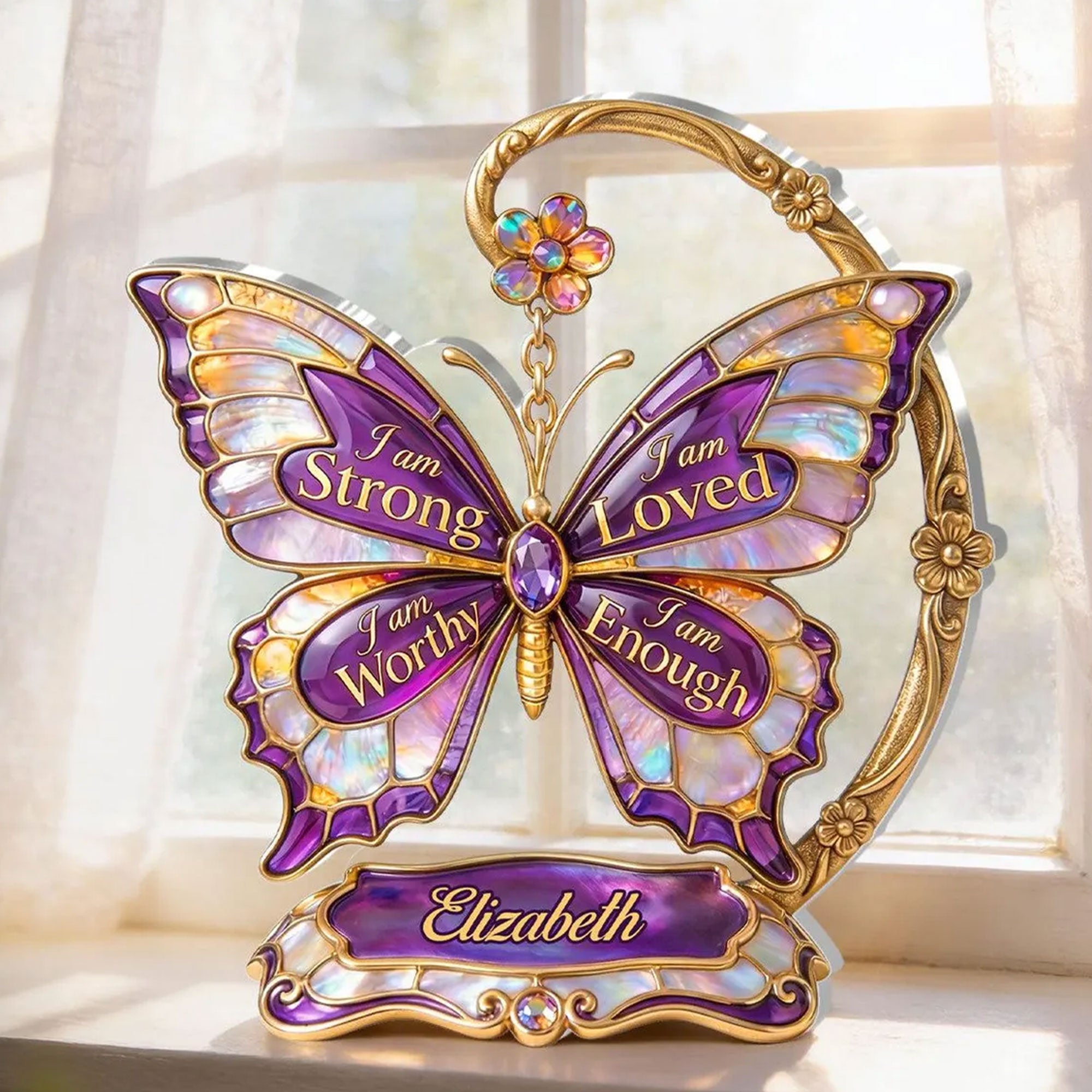 Personalized Butterfly Acrylic Desk Plaque, I Am Strong Loved Worthy Enough Christian Affirmation Gift