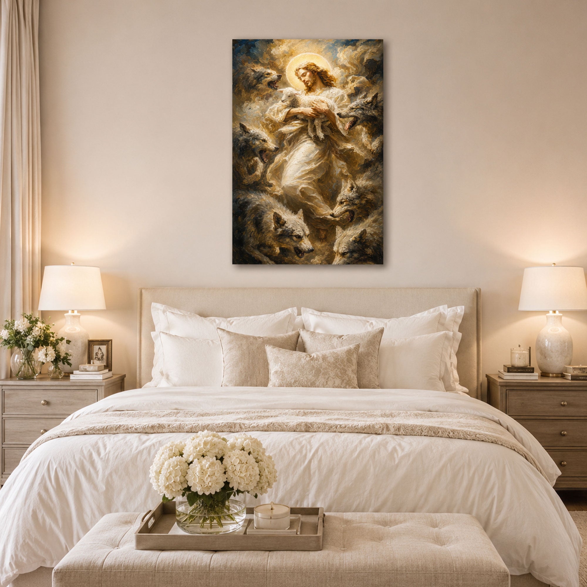 Jesus Protecting the Lamb from Wolves Canvas Print, Good Shepherd Christian Wall Decor, Faith Gift