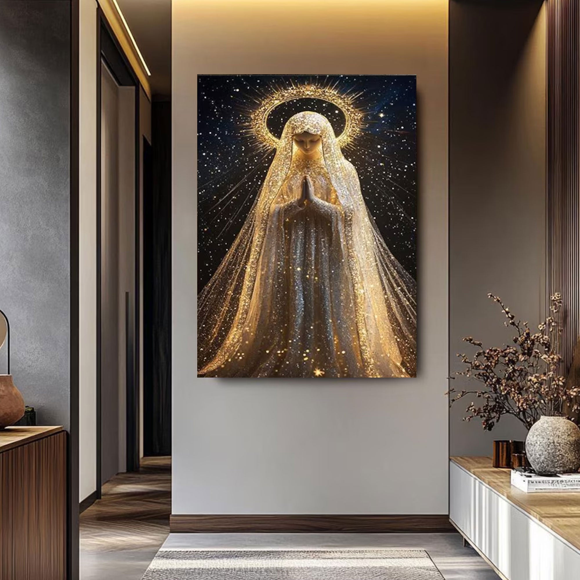 Virgin Mary Wall Art Canvas Print, Mother Mary with Starry Halo Spiritual Religious Canvas for Prayer Space