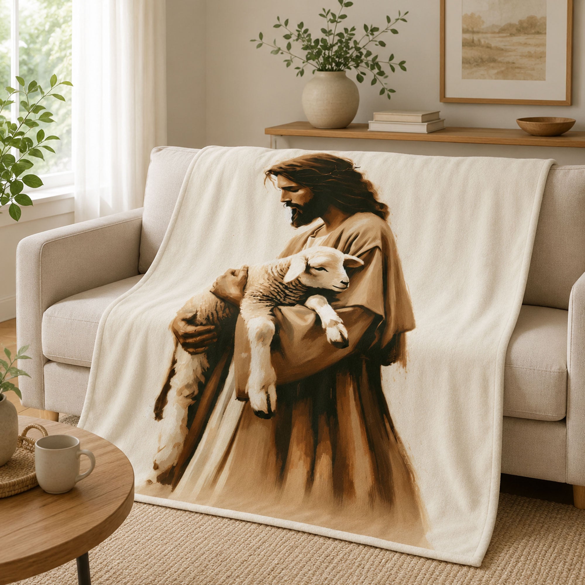 Jesus Holding Lamb Fleece Blanket, Good Shepherd Christian Throw, Faith Gift for Believers