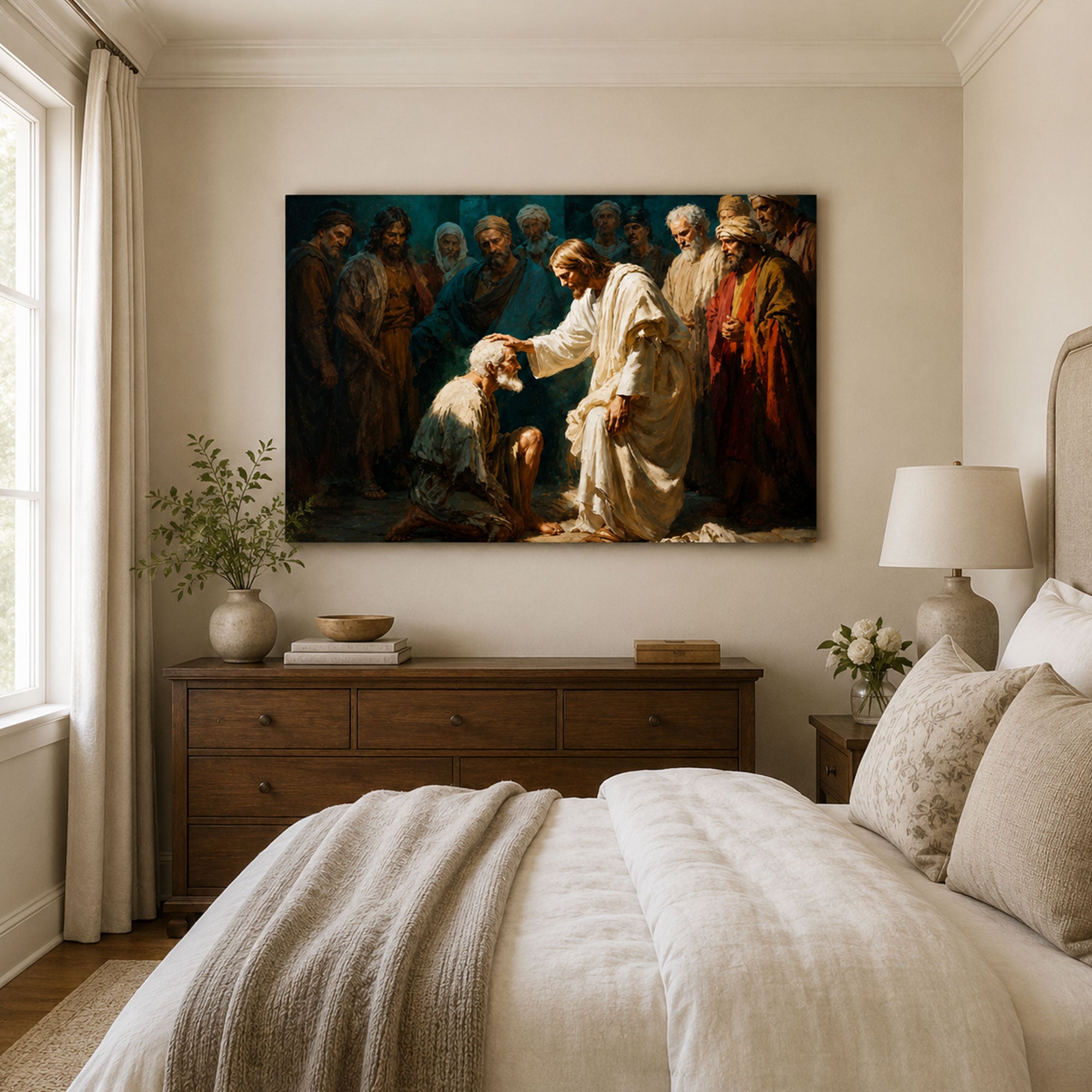 Jesus Healing the Sick Canvas Print, Christian Mercy Wall Art, Biblical Faith Home Decor Gift