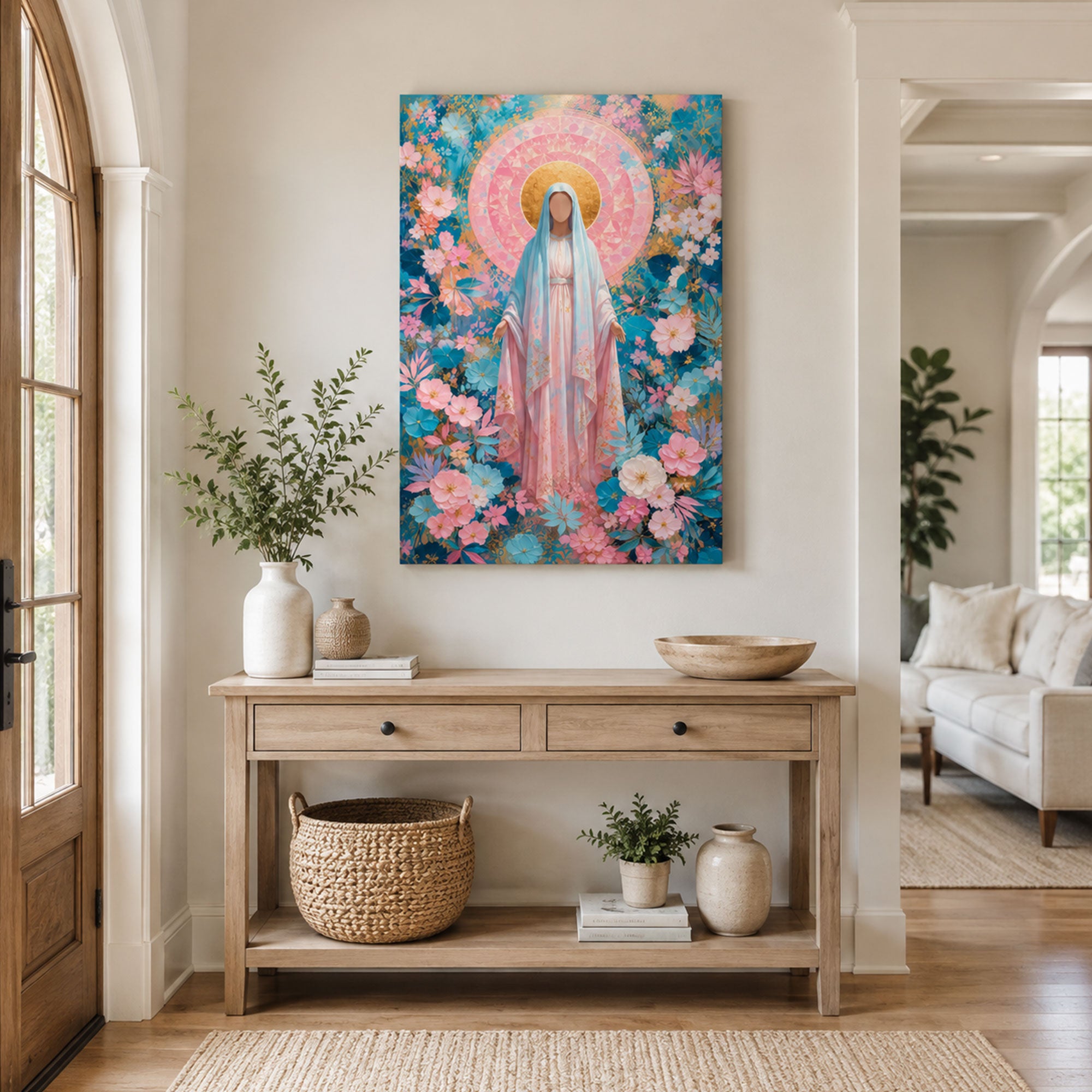 Our Lady of Grace Canvas Print, Floral Virgin Mary Catholic Wall Decor, Marian Faith Gift