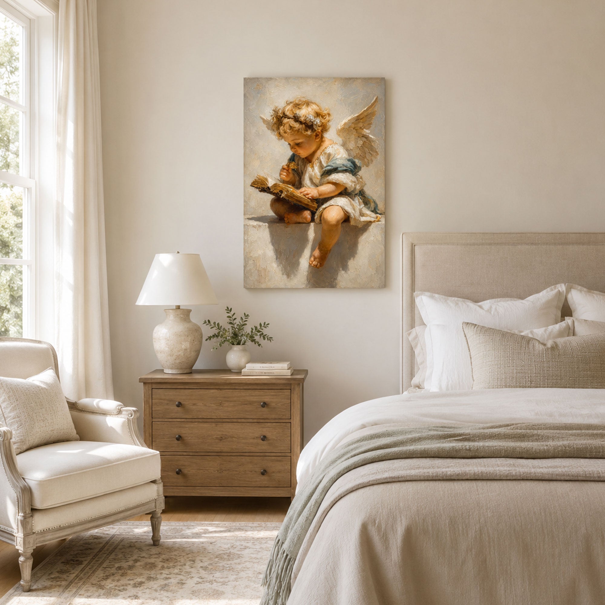 Little Angel Reading the Bible Canvas Print, Christian Wall Decor, Faith Gift for Home