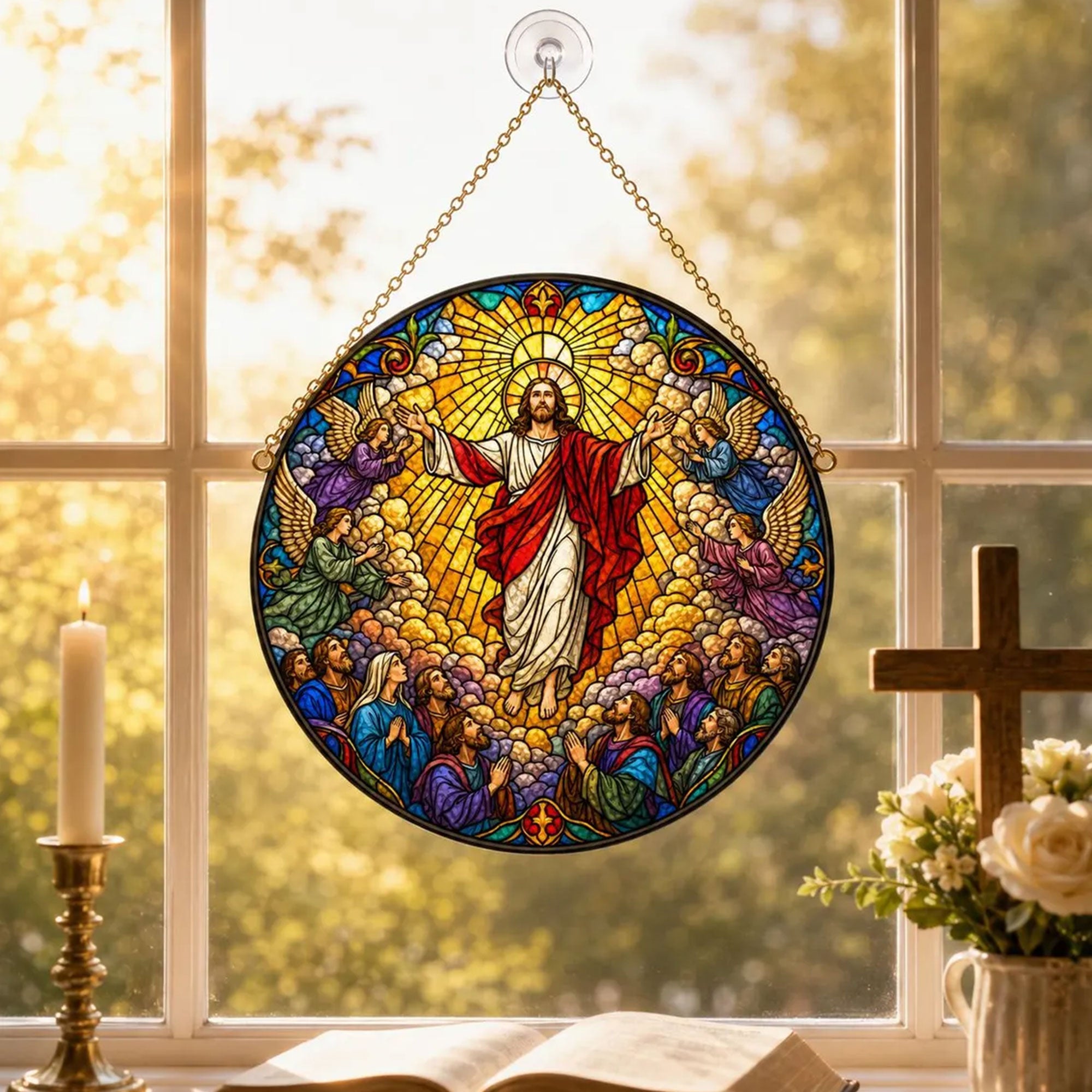 Jesus Ascension Stained Glass Ornament, Christian Window Suncatcher, Religious Faith Gift