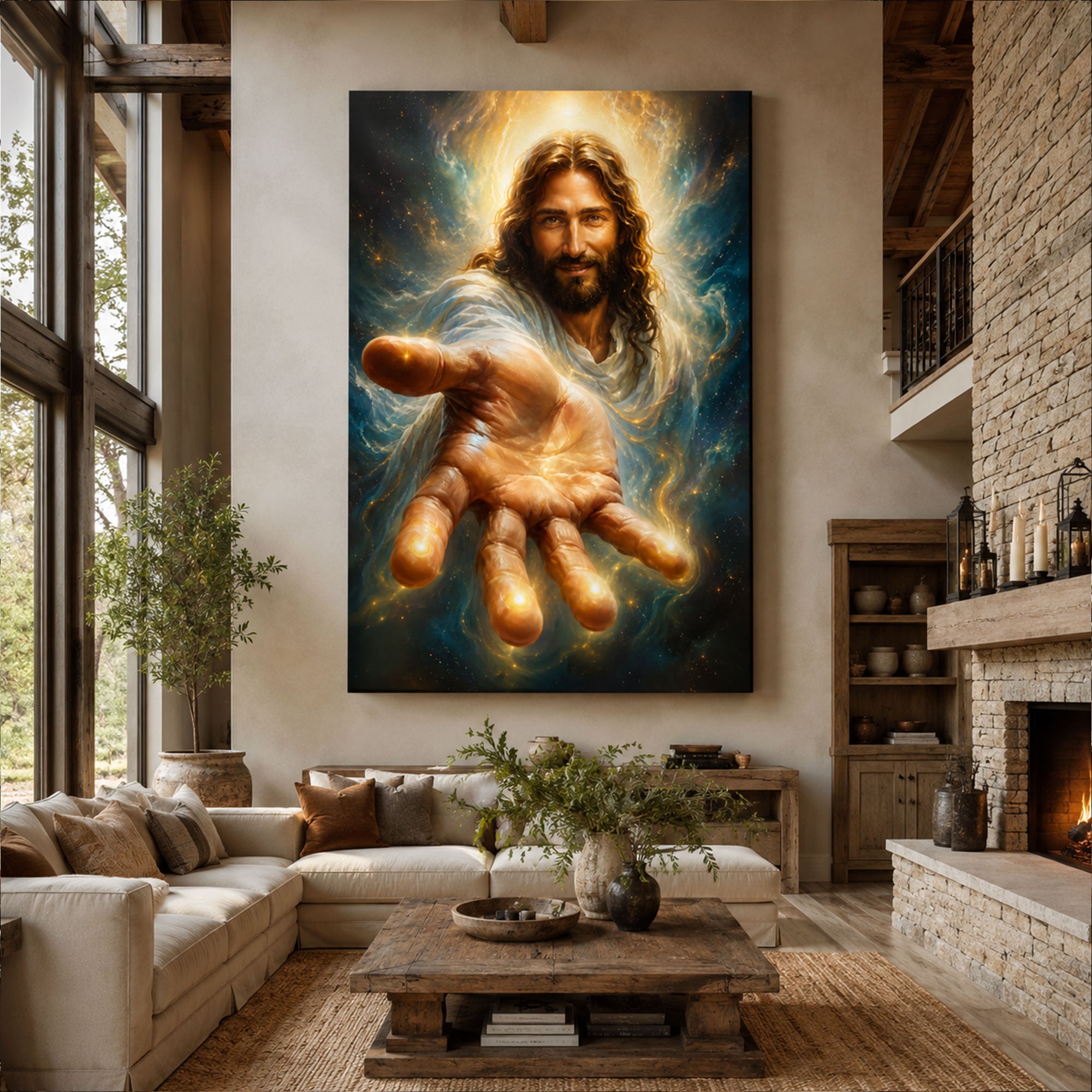 Heavenly Jesus Reaching Hand Canvas Print, Glowing Divine Light Christian Wall Art, Spiritual Galaxy Faith Decor