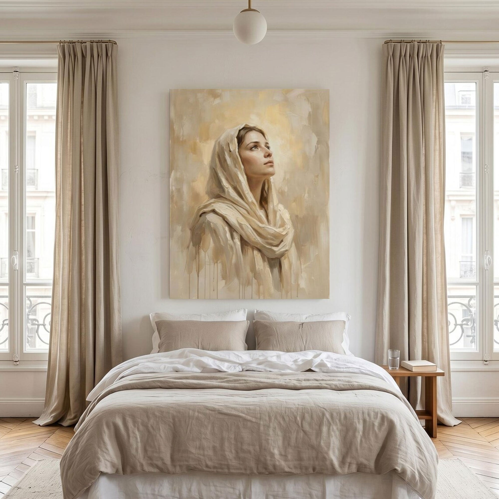 Above Bed Virgin Mary Canvas Print, Catholic Madonna Wall Art, Blessed Mother Bedroom Decor, Inspirational Faith Gift
