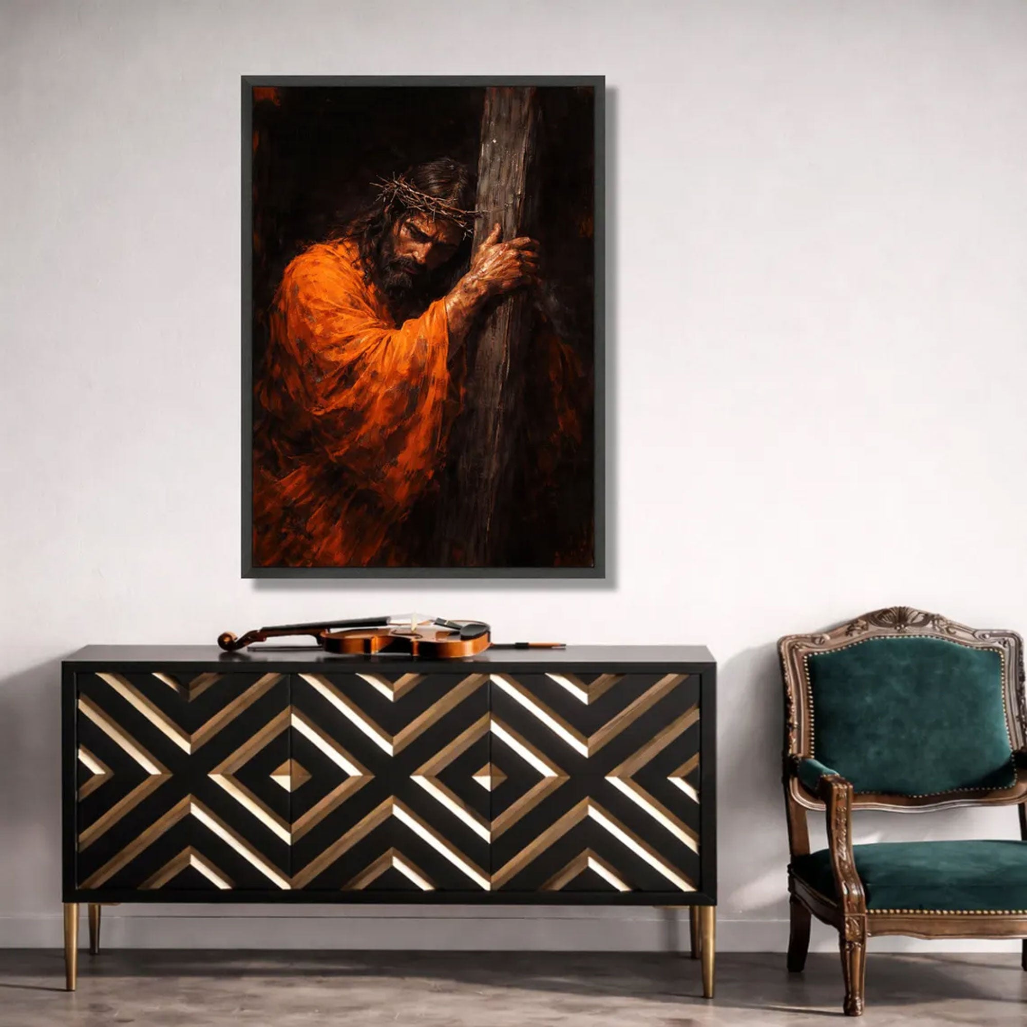 Jesus Carrying Cross Canvas, Crown of Thorns Christian Wall Art, Religious Decor