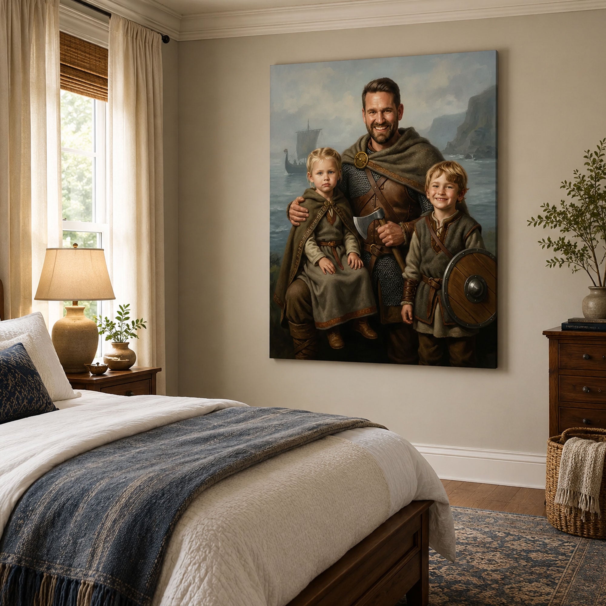 Custom Viking Family Canvas Print, Personalized Dad And Kids Portrait Wall Art