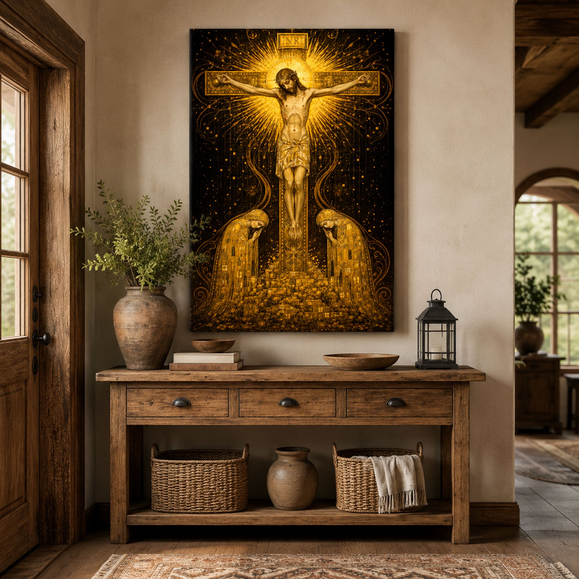 Gustav Klimt Golden Jesus Crucifixion Canvas Print, Religious Christian Wall Art, Sacred Faith Home Decor
