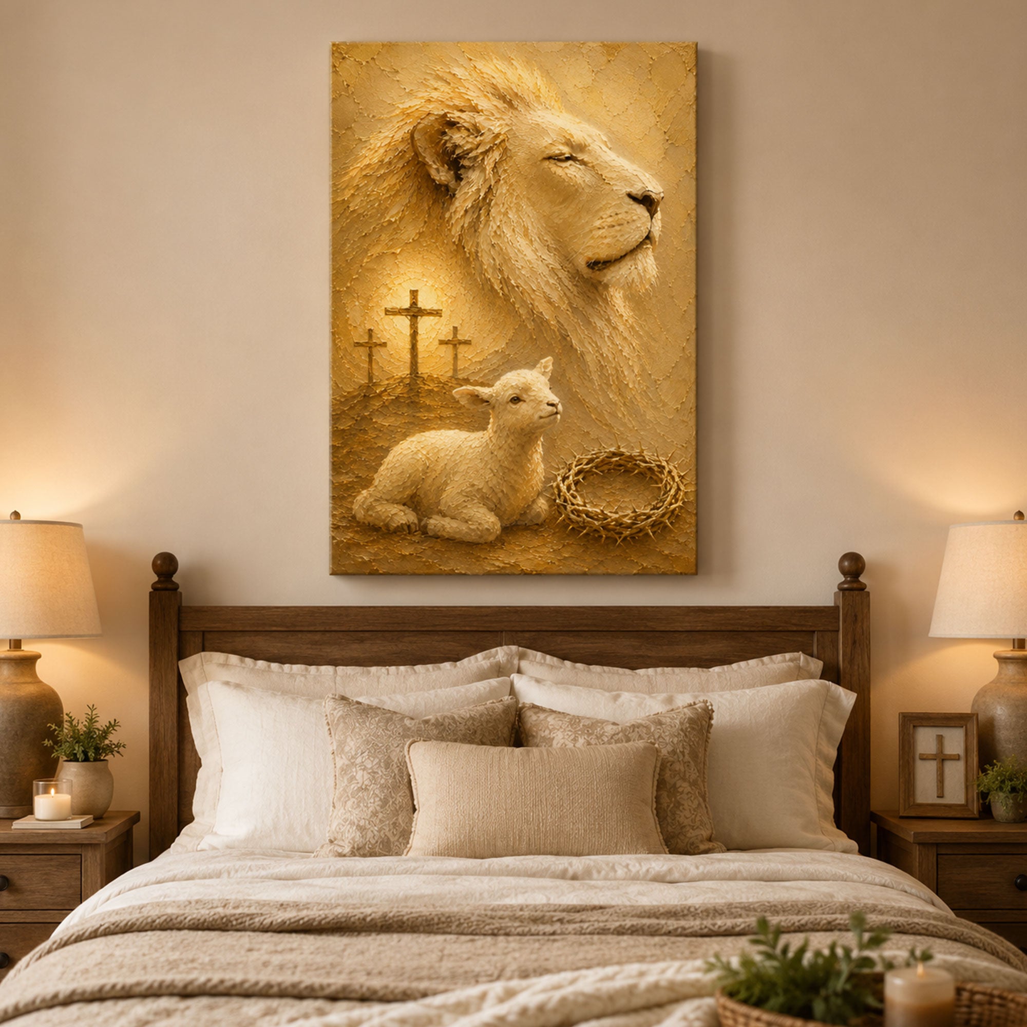 Lion of Judah and Lamb of God Canvas Print, Christian Cross Wall Art, Faith Home Decor Gift