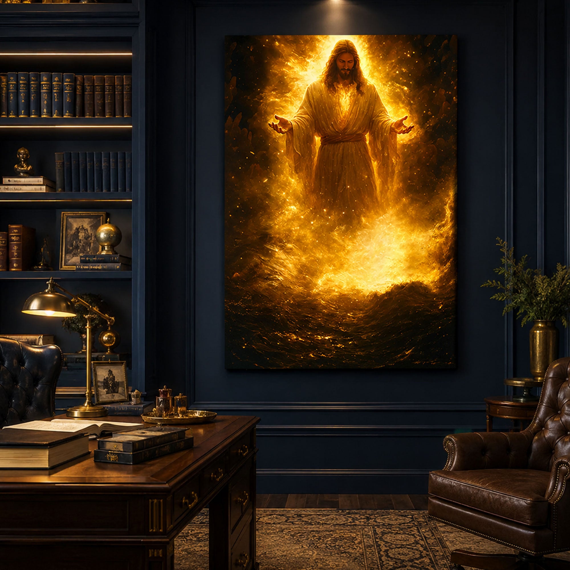 Jesus Glowing In Divine Fire Canvas Art Radiant Light Savior Poster Christian Power Wall Print For Church Prayer Room Or Faith Home Decor