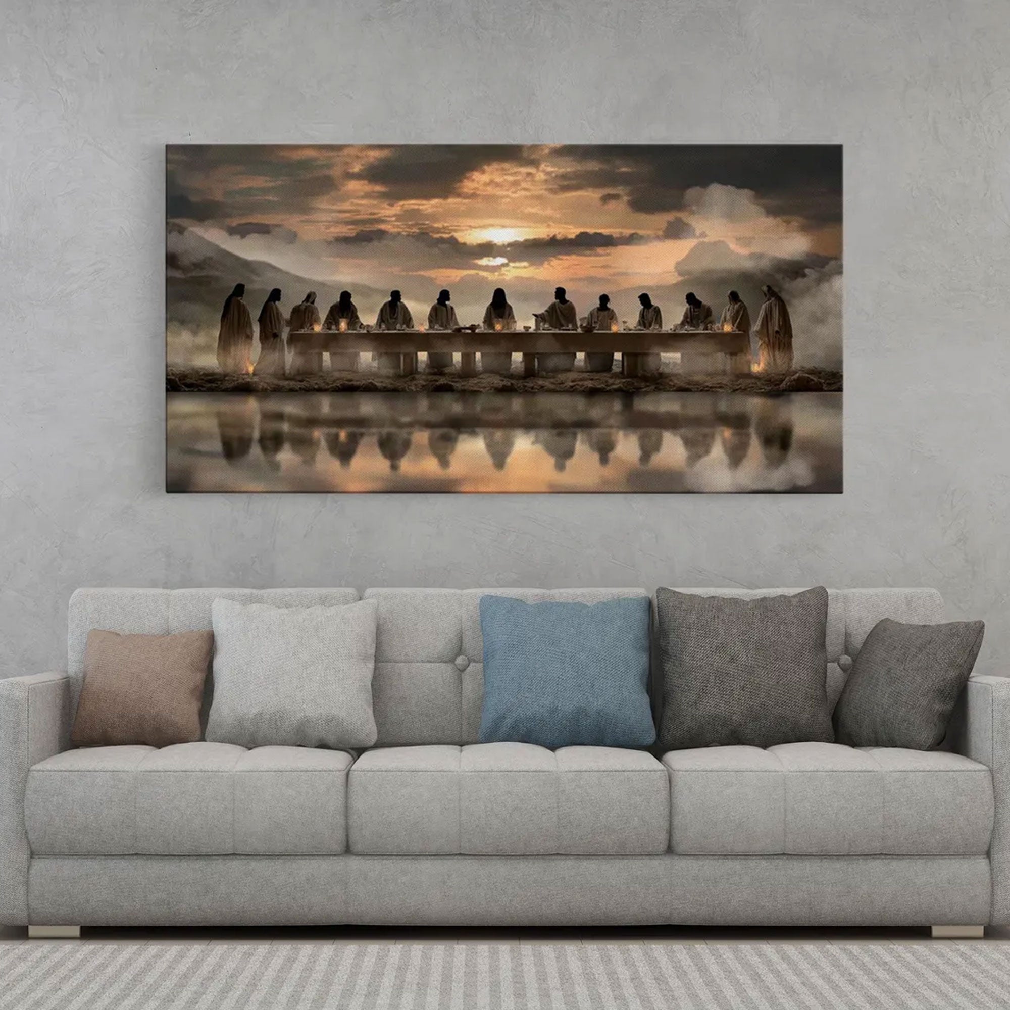 Sacred Supper Horizon Framed Canvas Print, Jesus The Last Supper Wall Art, Christian Religious Painting, Modern Church Home Decor, Christmas Faith Gift