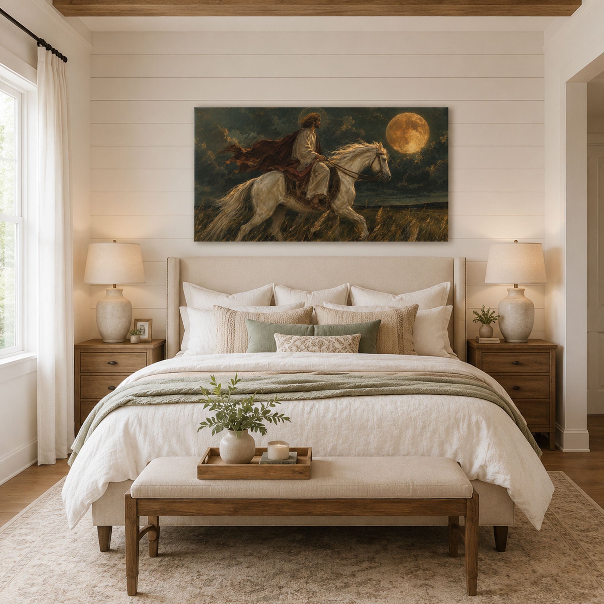 Jesus with White Horse byJesus Riding a White Horse Under the Moon Canvas Print, Christian Home Decor Waterfall Canvas Print